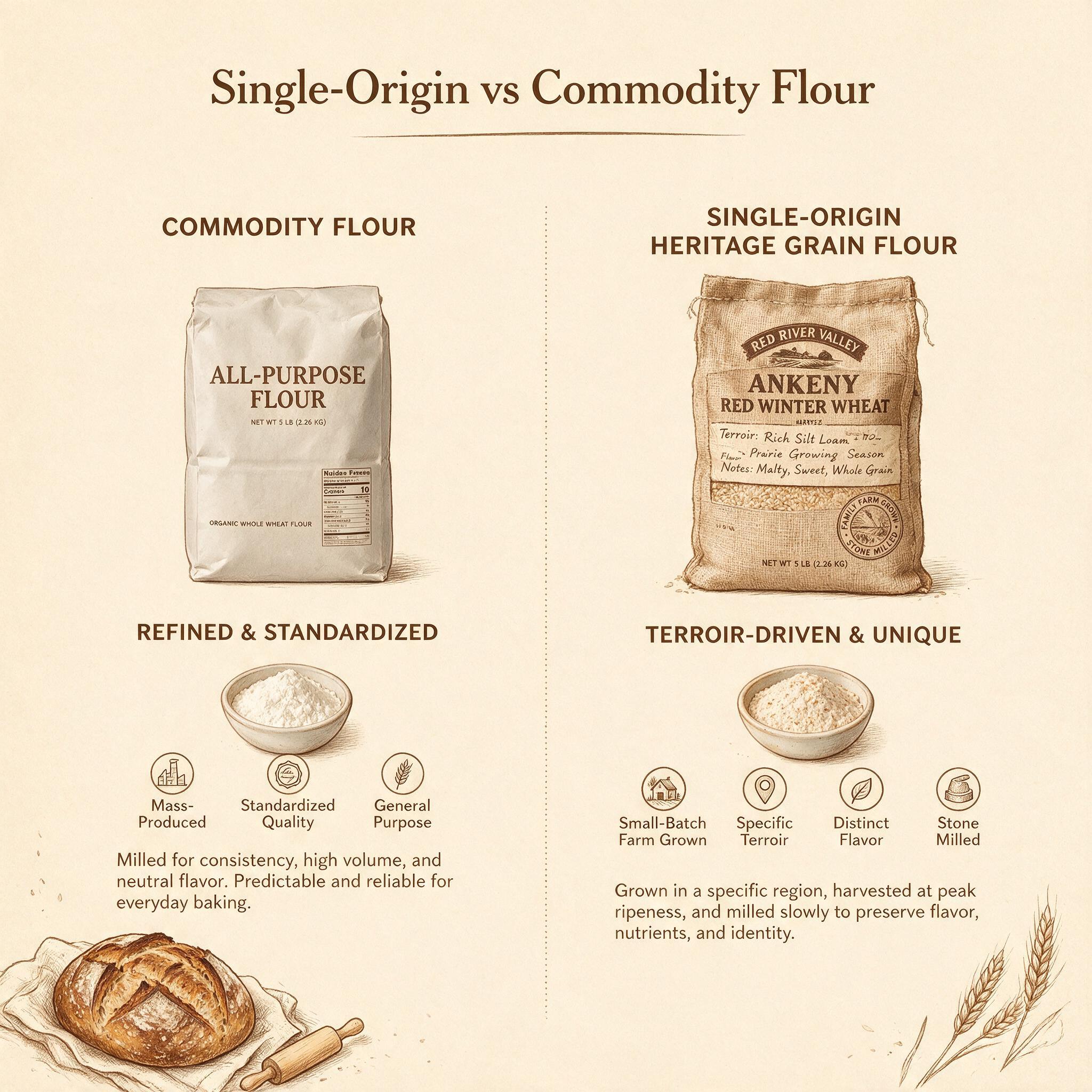 An infographic titled 'Single-Origin vs Commodity Flour' showing a side-by-side comparison