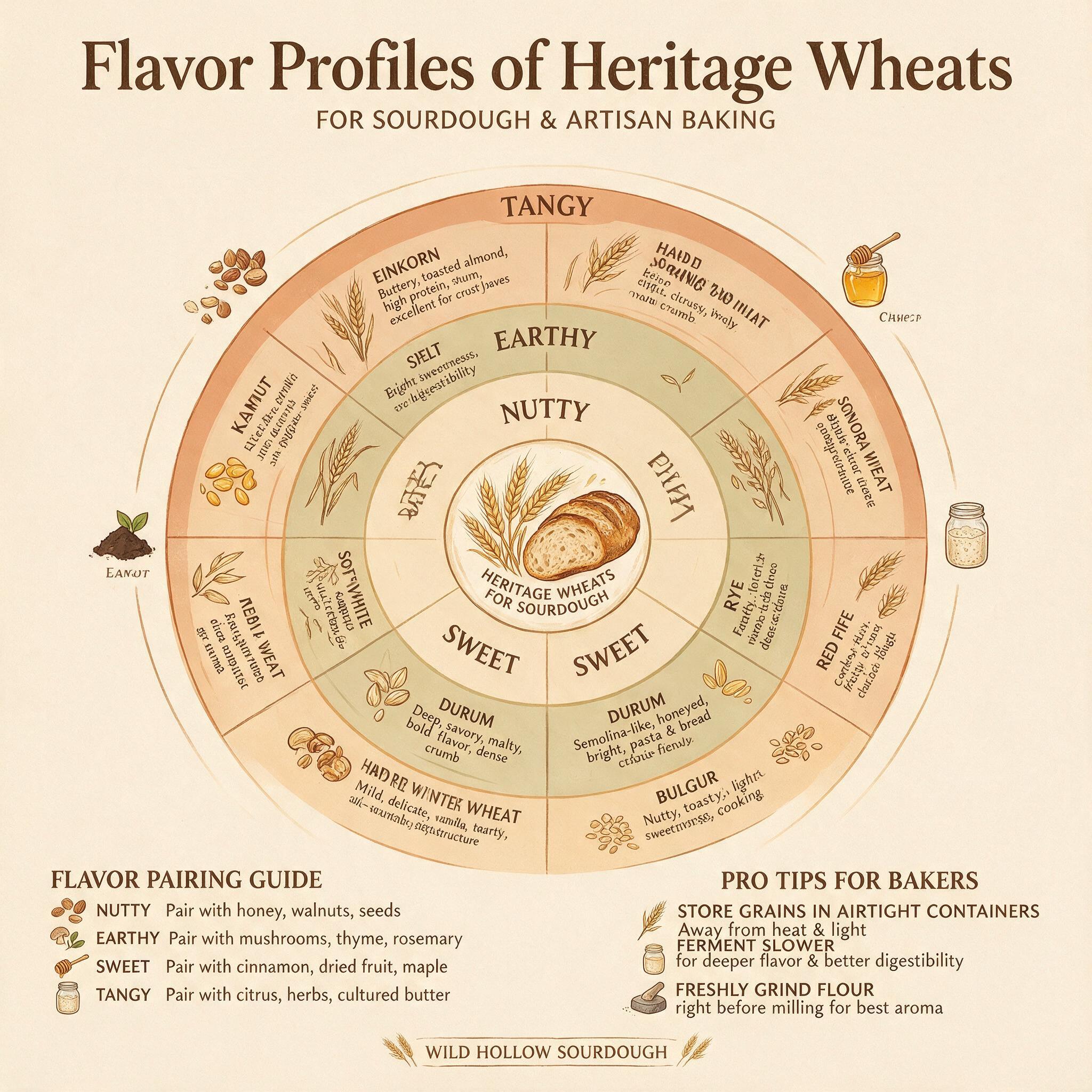 A flavor wheel infographic for sourdough grains titled 'Flavor Profiles of Heritage Wheats' with concentric rings: nutty