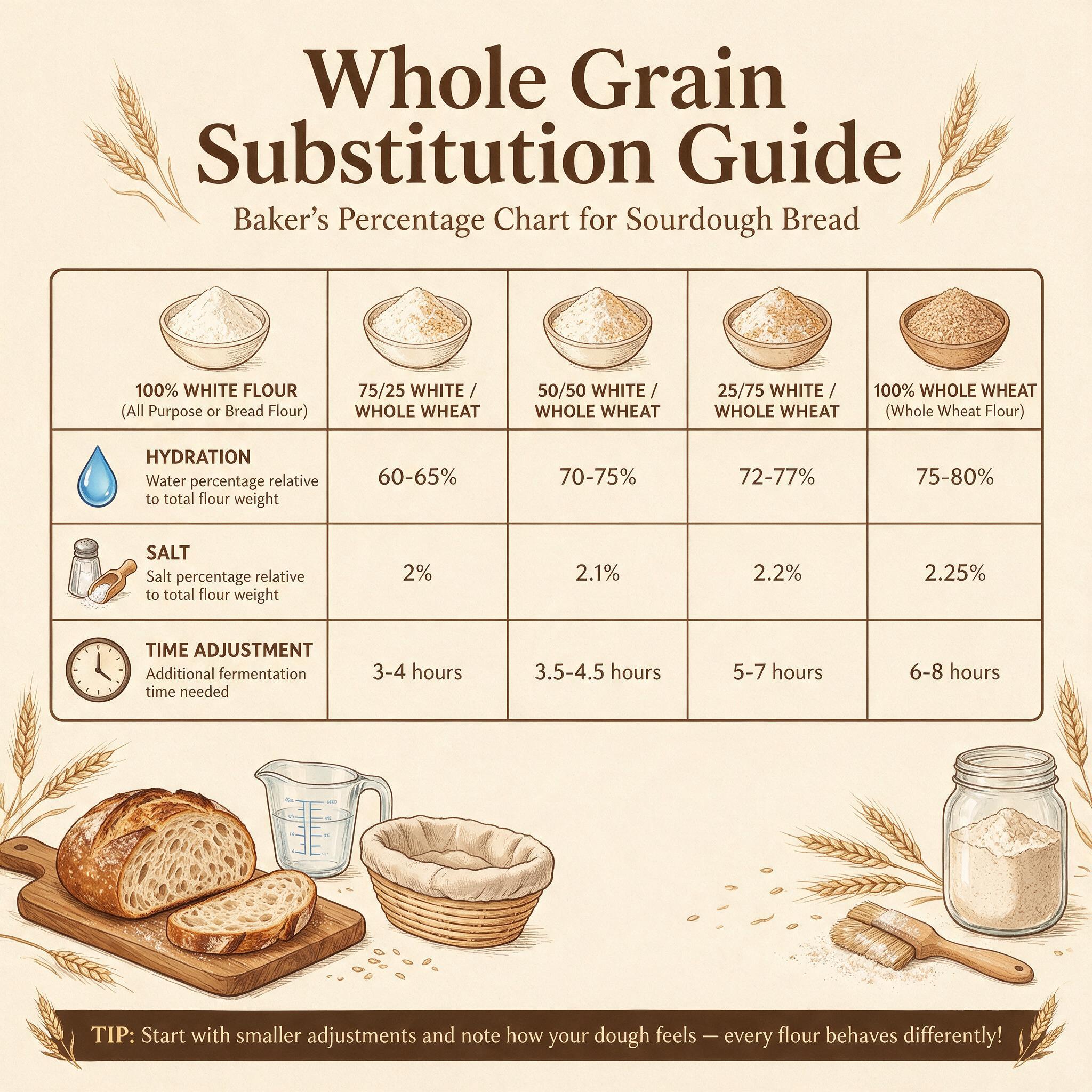 An infographic titled 'Whole Grain Substitution Guide' showing a baker's percentage chart