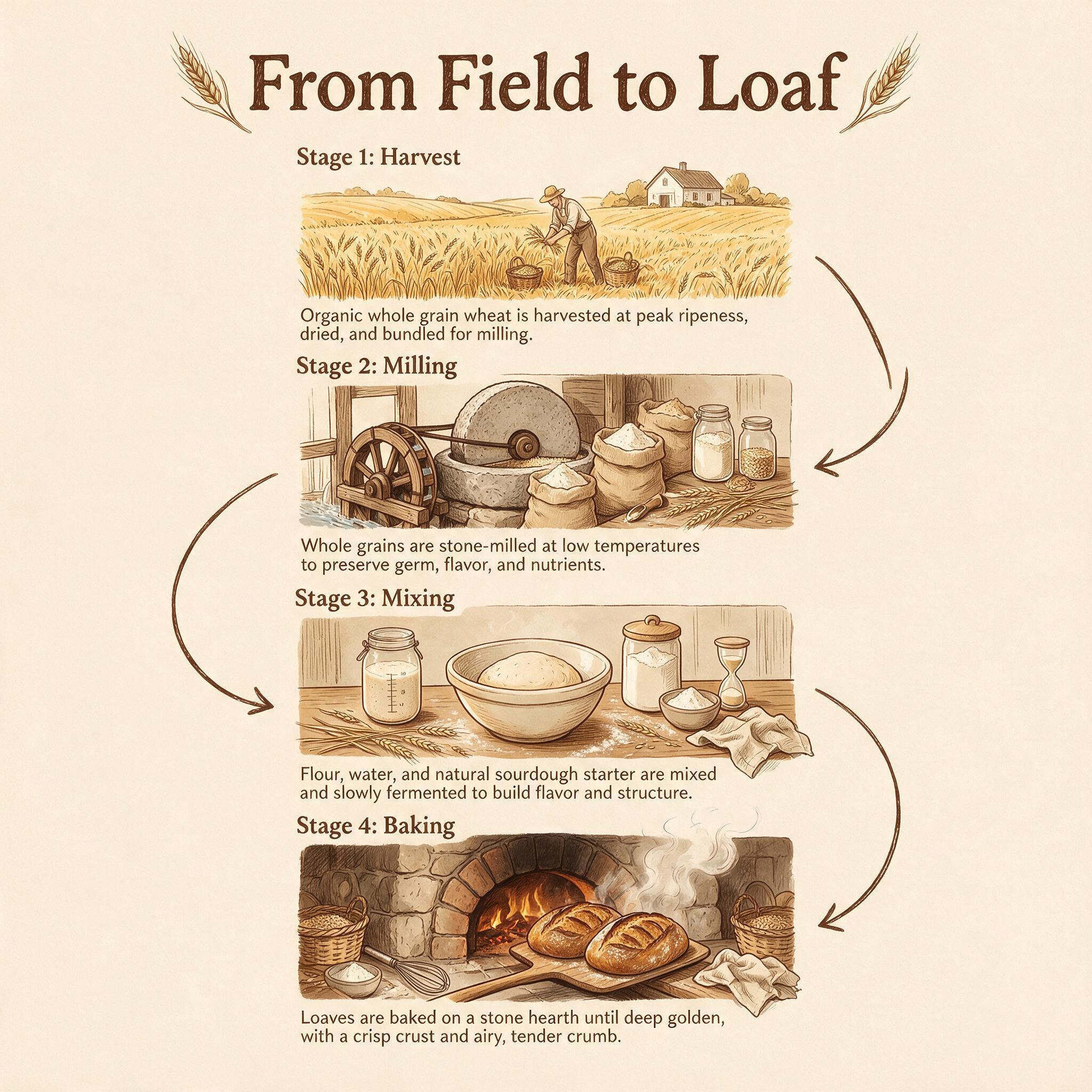 A vertical illustration titled 'From Field to Loaf' showing 4 labeled stages: harvest, milling, mixing, baking