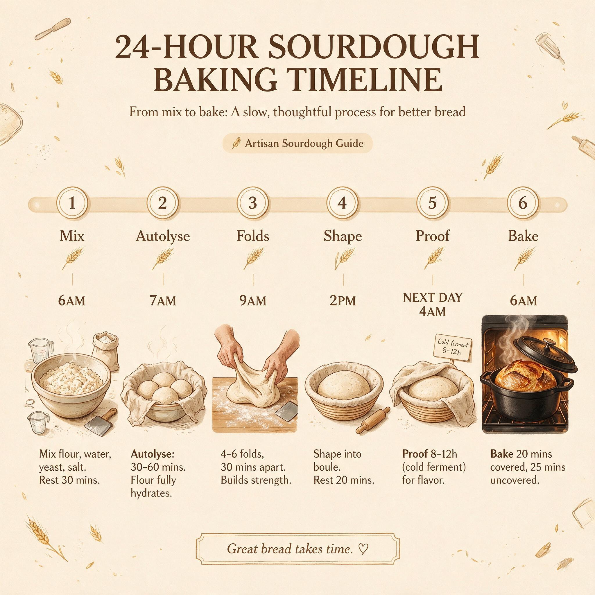 A 24-hour express timeline infographic showing 6 hourly stages from 6am mix to 6am bake