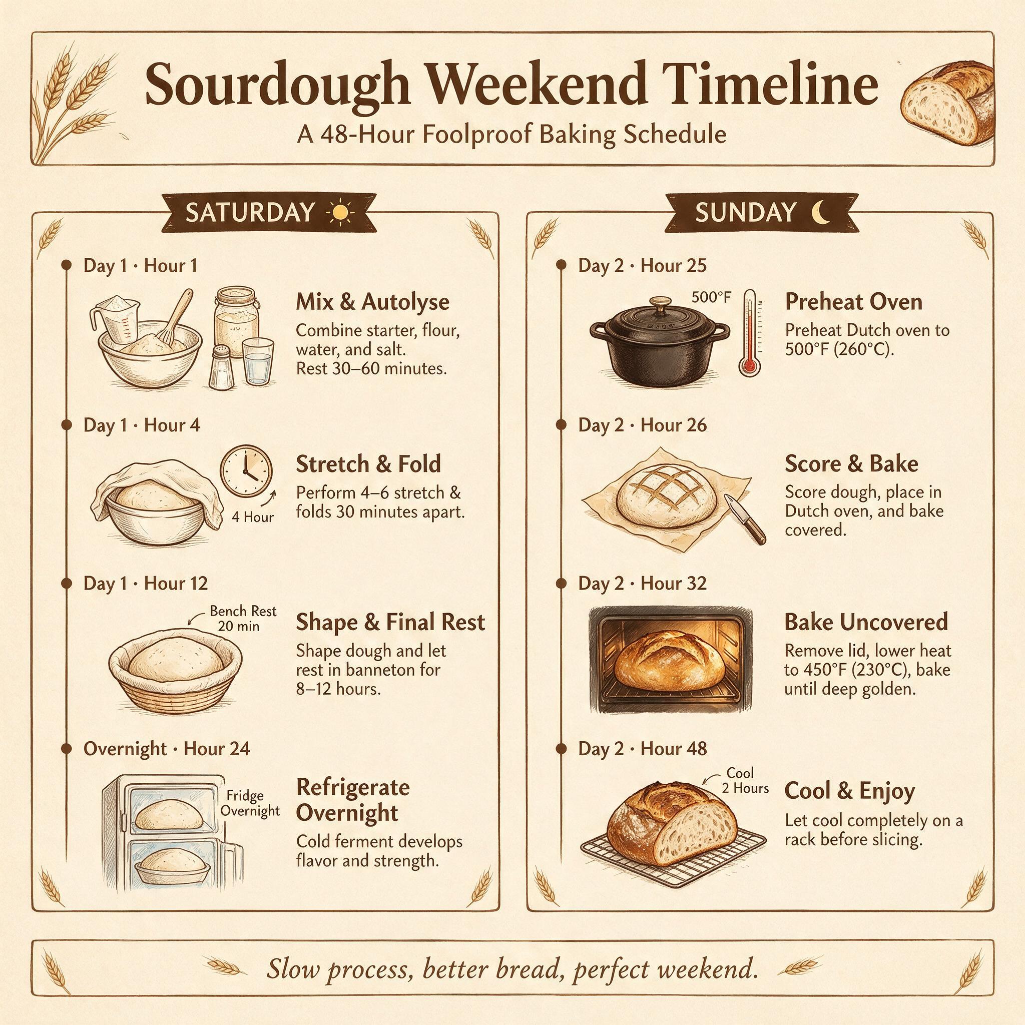 A 48-hour weekend timeline infographic showing the process split across Saturday and Sunday