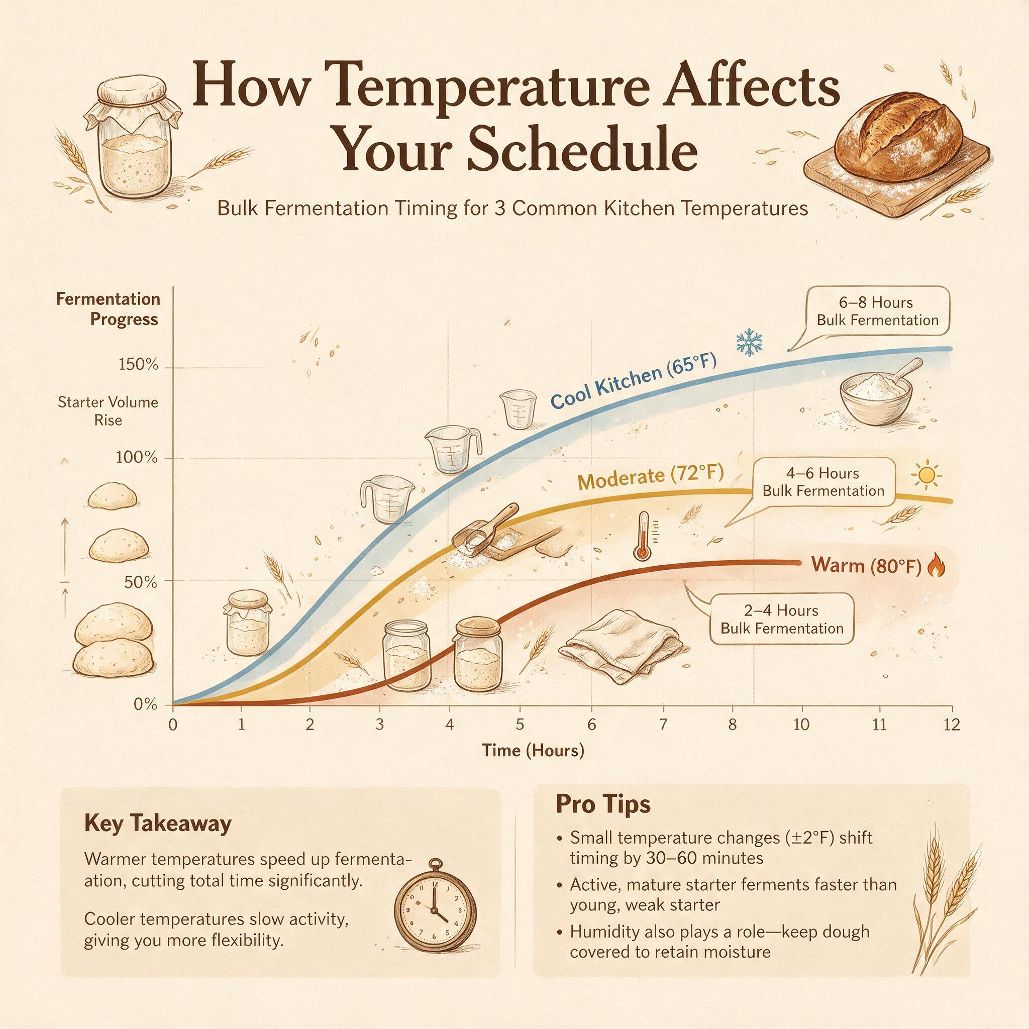 A temperature and time chart infographic titled 'How Temperature Affects Your Schedule' showing 3 curves: cool kitchen (