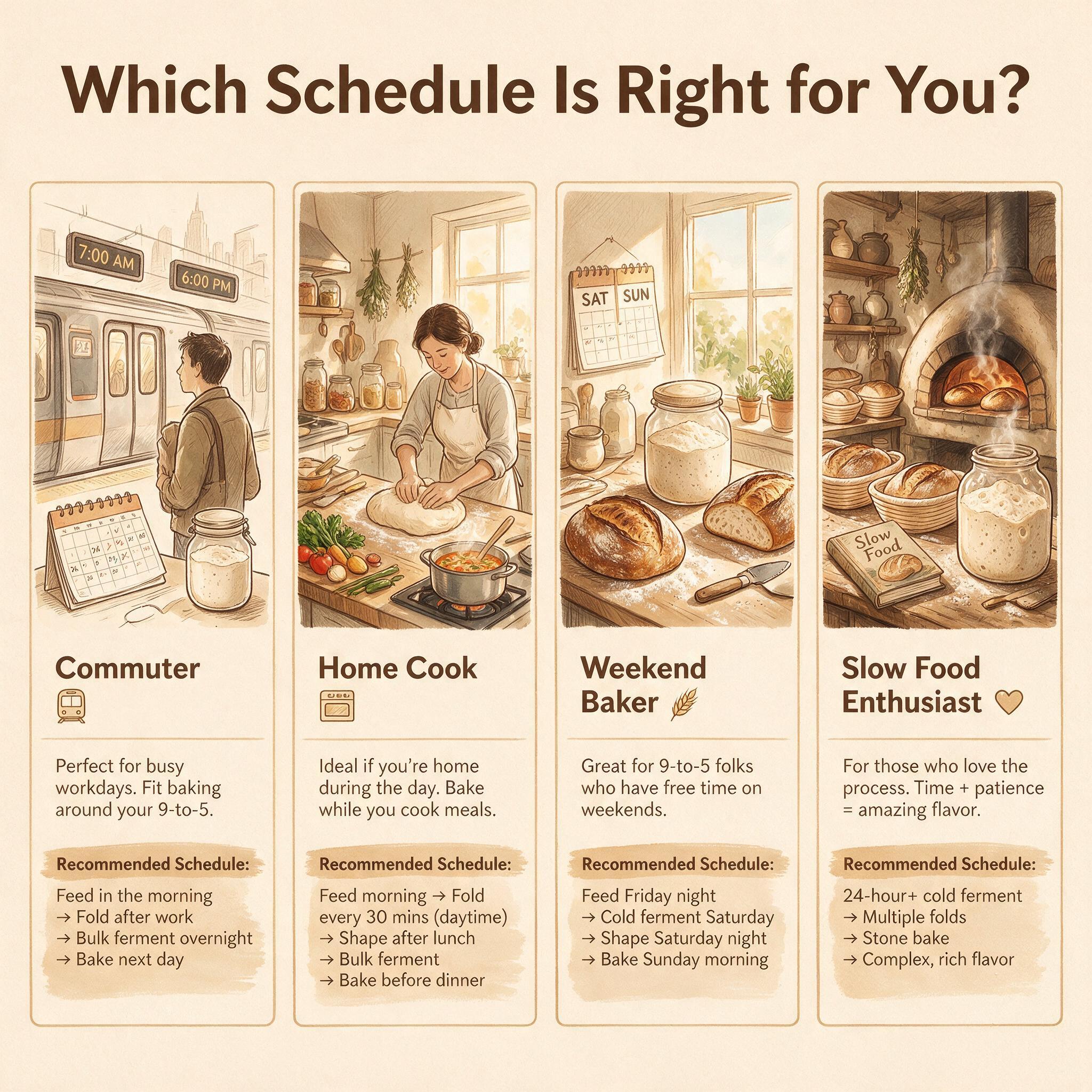 An infographic titled 'Which Schedule Is Right for You?' with 4 illustrated icons matching personality types: commuter, 