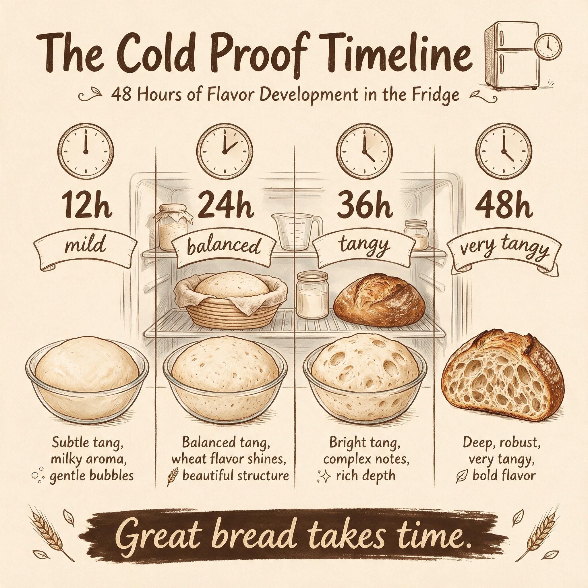 A vertical infographic titled 'The Cold Proof Timeline' showing 12, 24, 36, 48 hour stages in a refrigerator