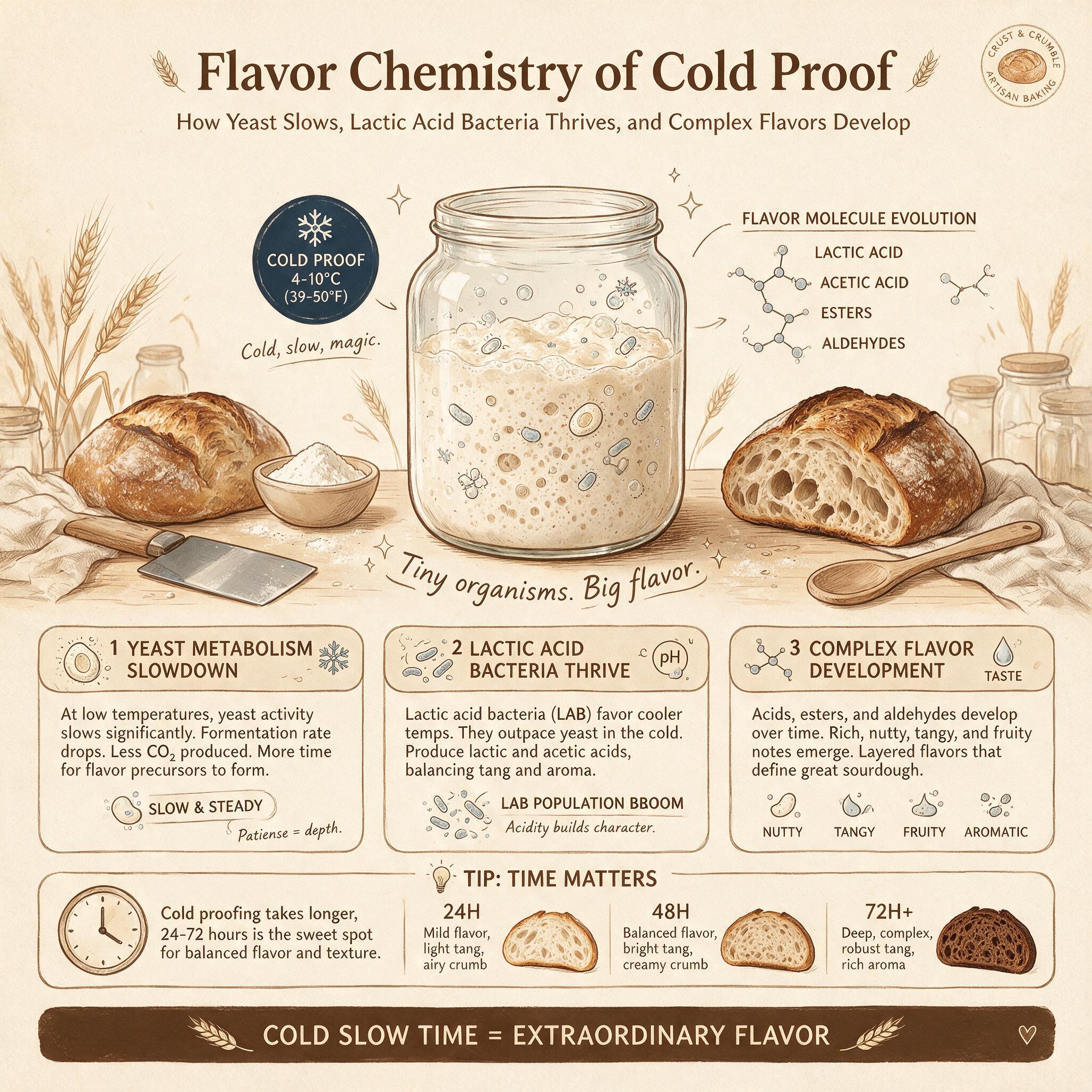An infographic titled 'Flavor Chemistry of Cold Proof' showing a molecular-style diagram: yeast slows, lactic acid bacte