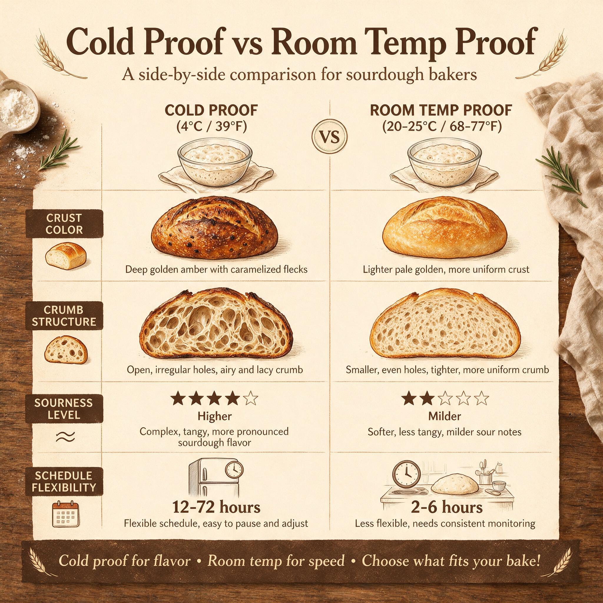 A comparison chart titled 'Cold Proof vs Room Temp Proof' with rows: crust color, crumb structure, sourness level, sched