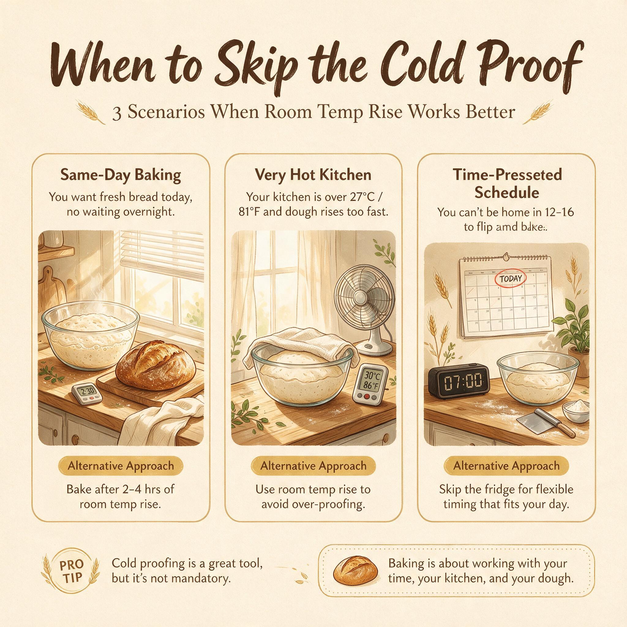 An infographic titled 'When to Skip the Cold Proof' with 3 scenarios: same-day baking, very hot kitchen, time-pressed sc