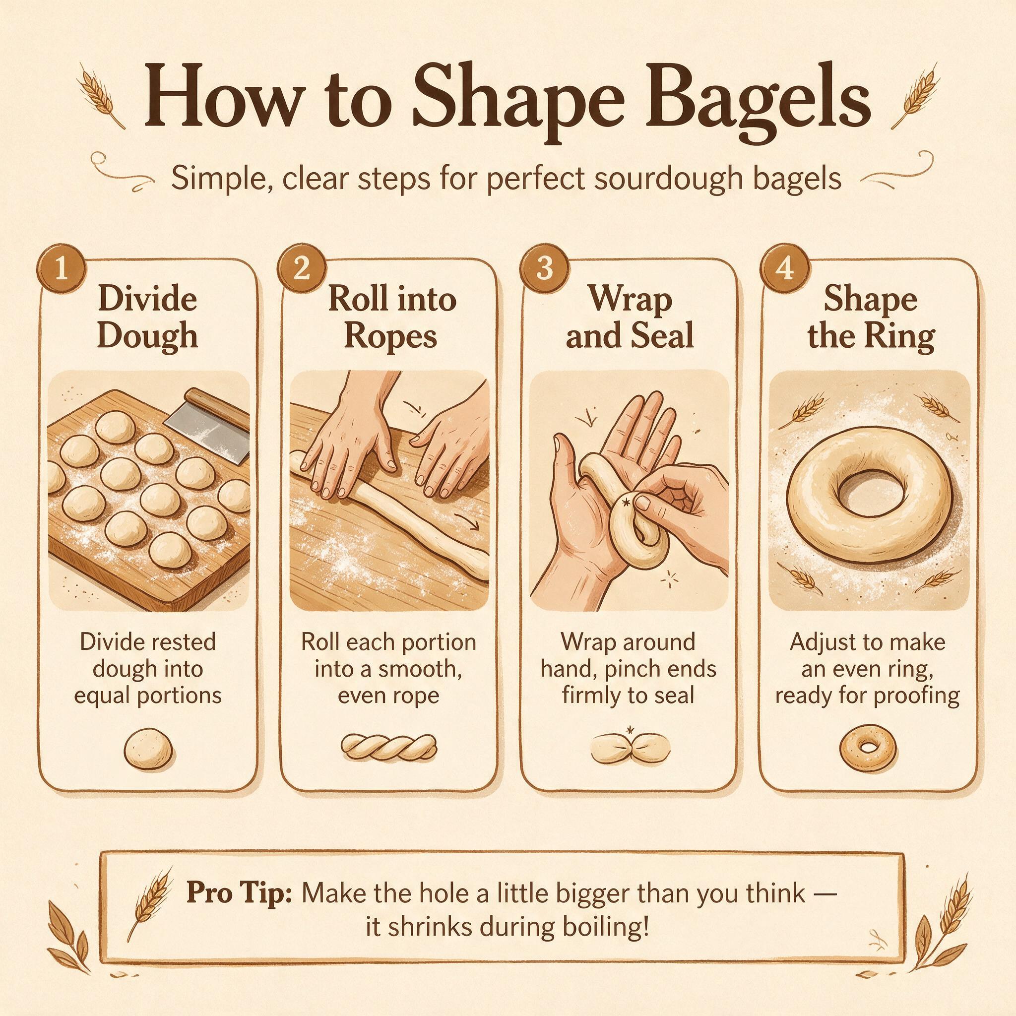 A process infographic titled 'How to Shape Bagels' showing 4 illustrated steps: divide dough, roll into ropes, wrap and 