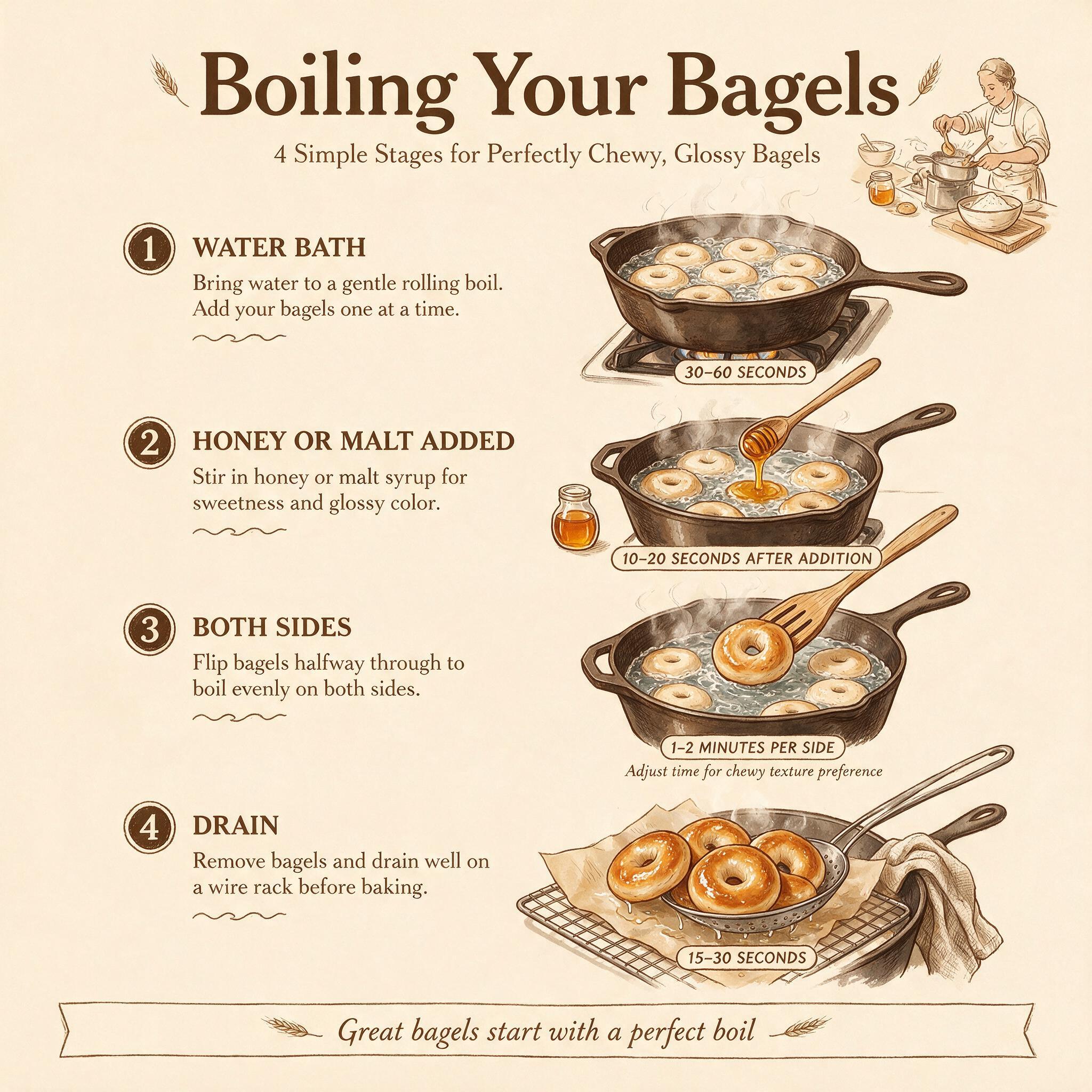 An infographic titled 'Boiling Your Bagels' showing 4 illustrated stages: water bath, honey or malt added, both sides, d