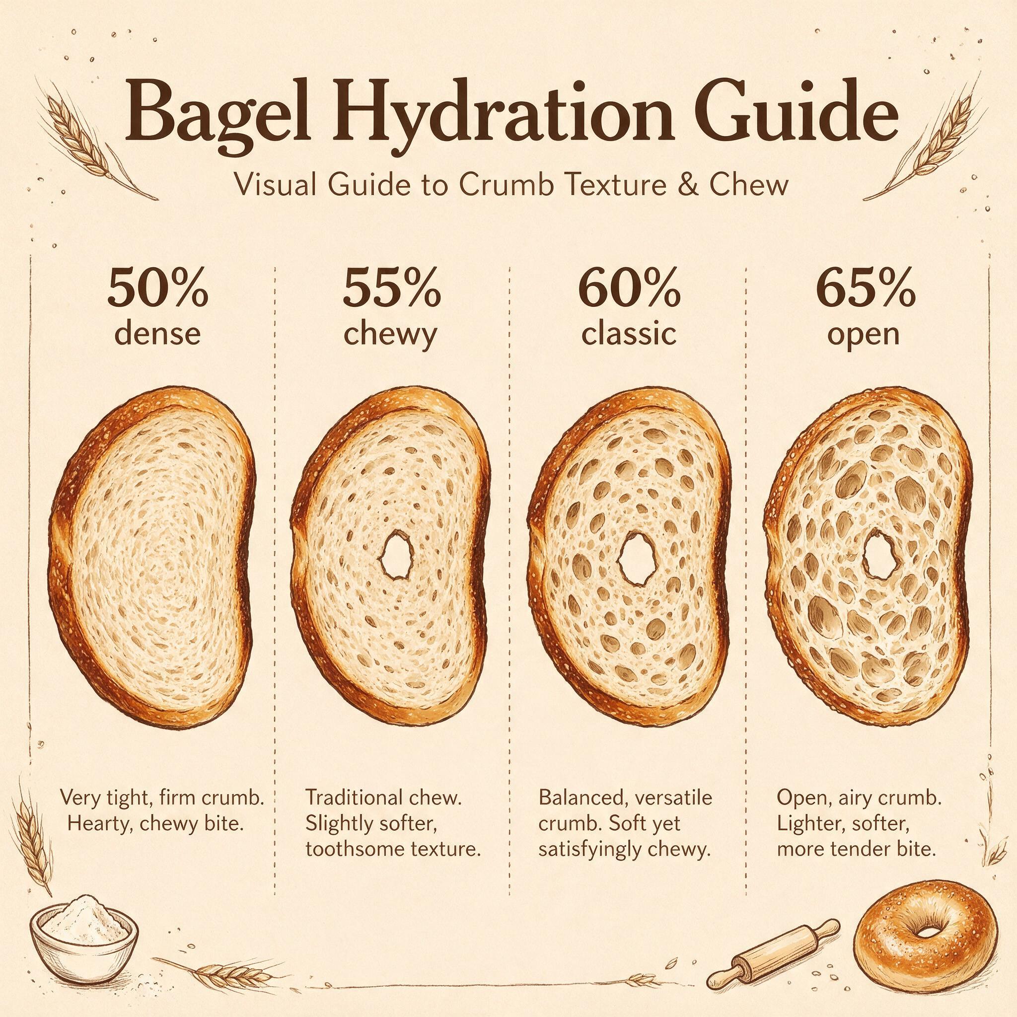 A chart infographic titled 'Bagel Hydration Guide' showing 4 hydration levels: 50%, 55%, 60%, 65%