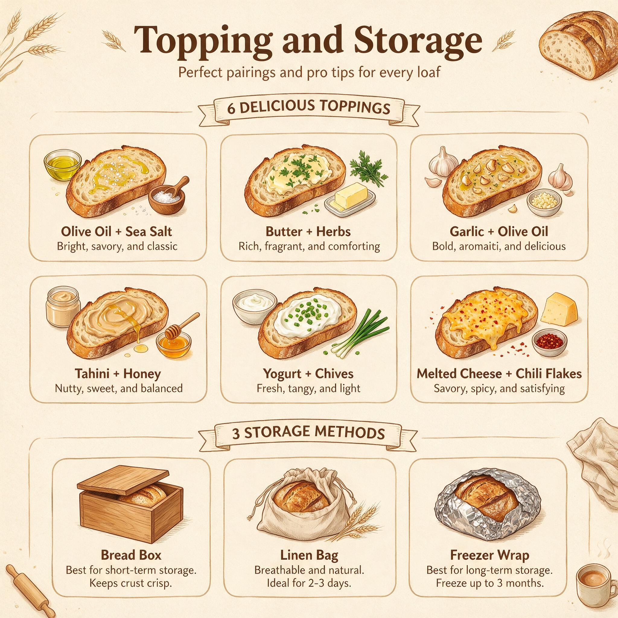 An infographic titled 'Topping and Storage' showing 6 topping options above and 3 storage methods below