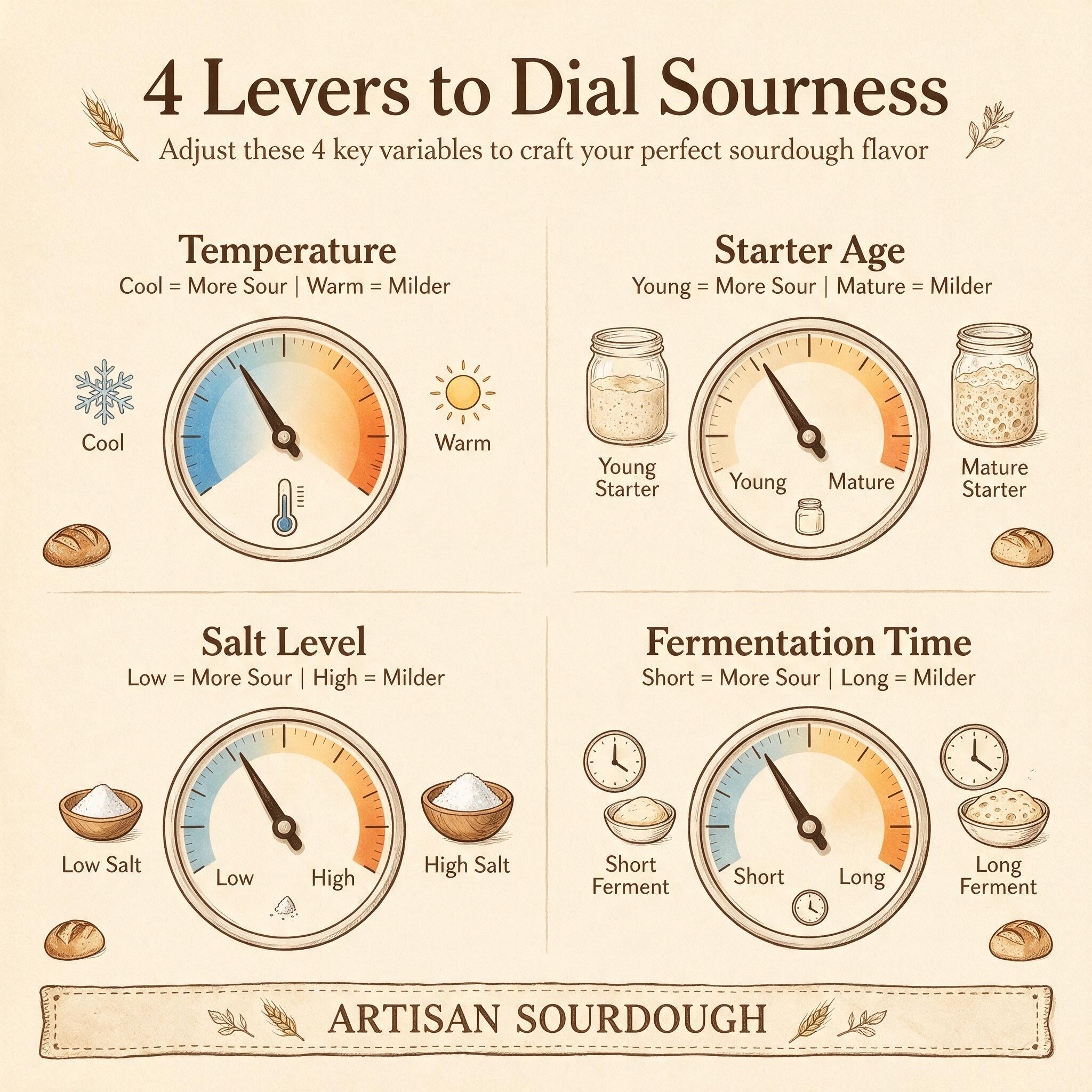 A control panel infographic titled '4 Levers to Dial Sourness' showing 4 dials: temperature (cool/warm), starter age (yo