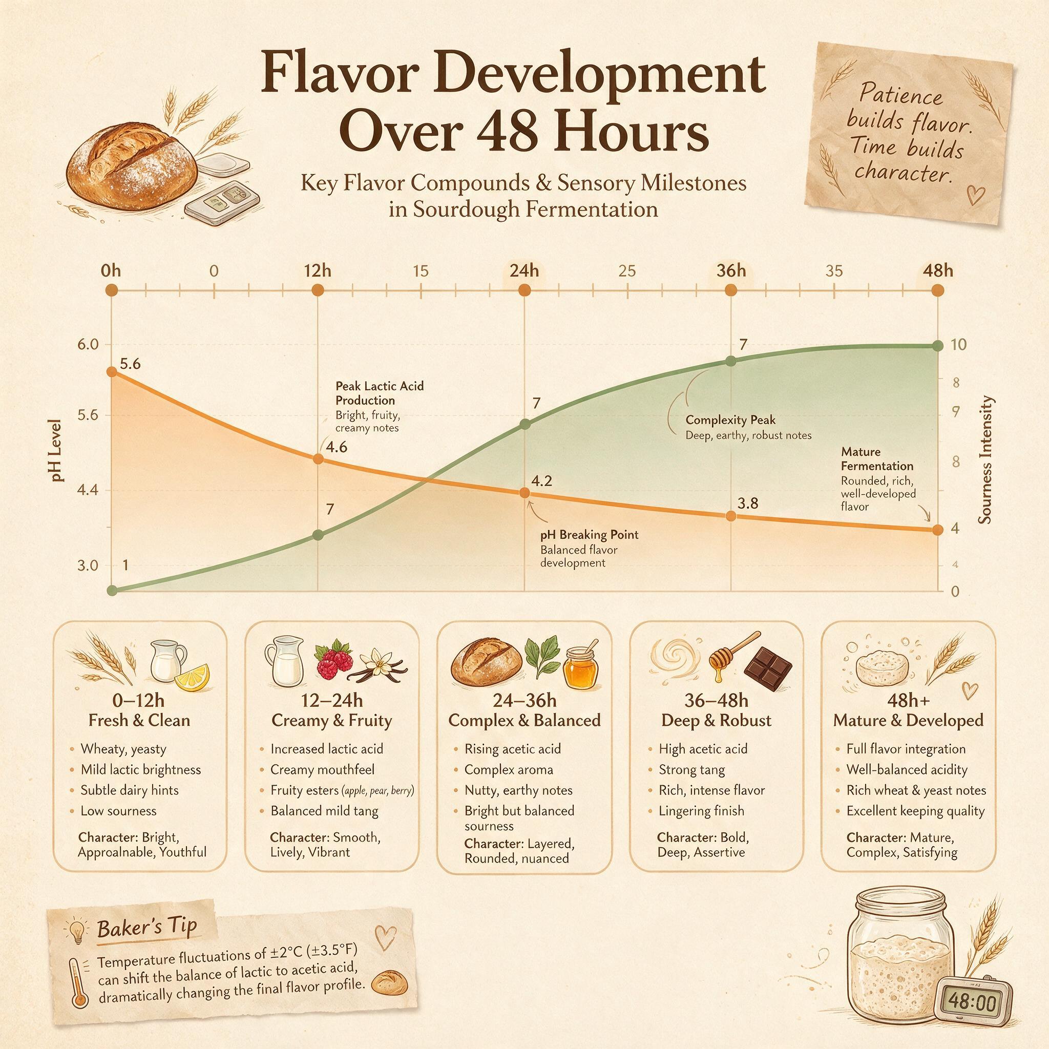 A timeline infographic titled 'Flavor Development Over 48 Hours' showing pH and sourness intensity curves