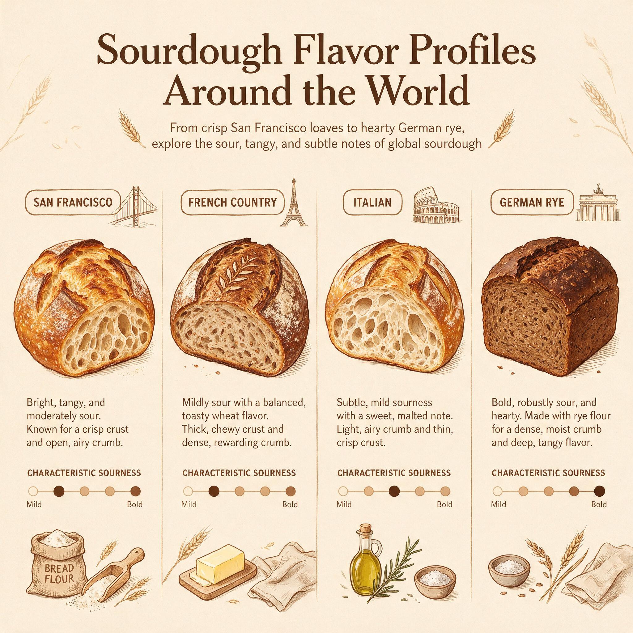 An infographic titled 'Sourdough Flavor Profiles Around the World' showing 4 illustrated loaves from different regions: 