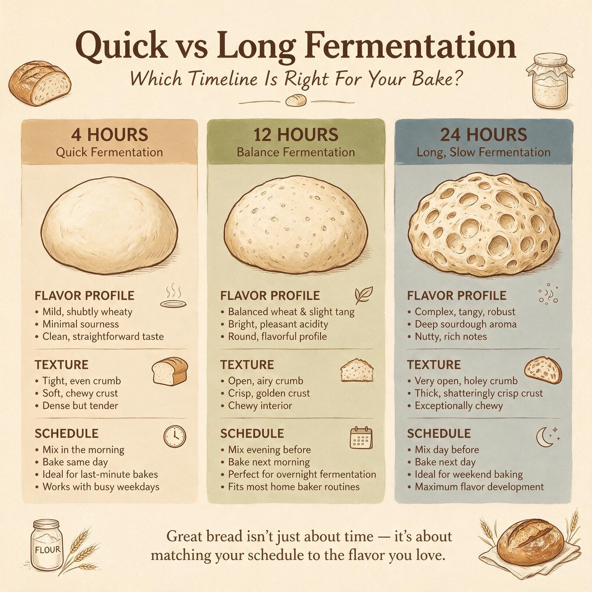 A comparison infographic titled 'Quick vs Long Fermentation' with 3 scenarios: 4-hour, 12-hour, 24-hour