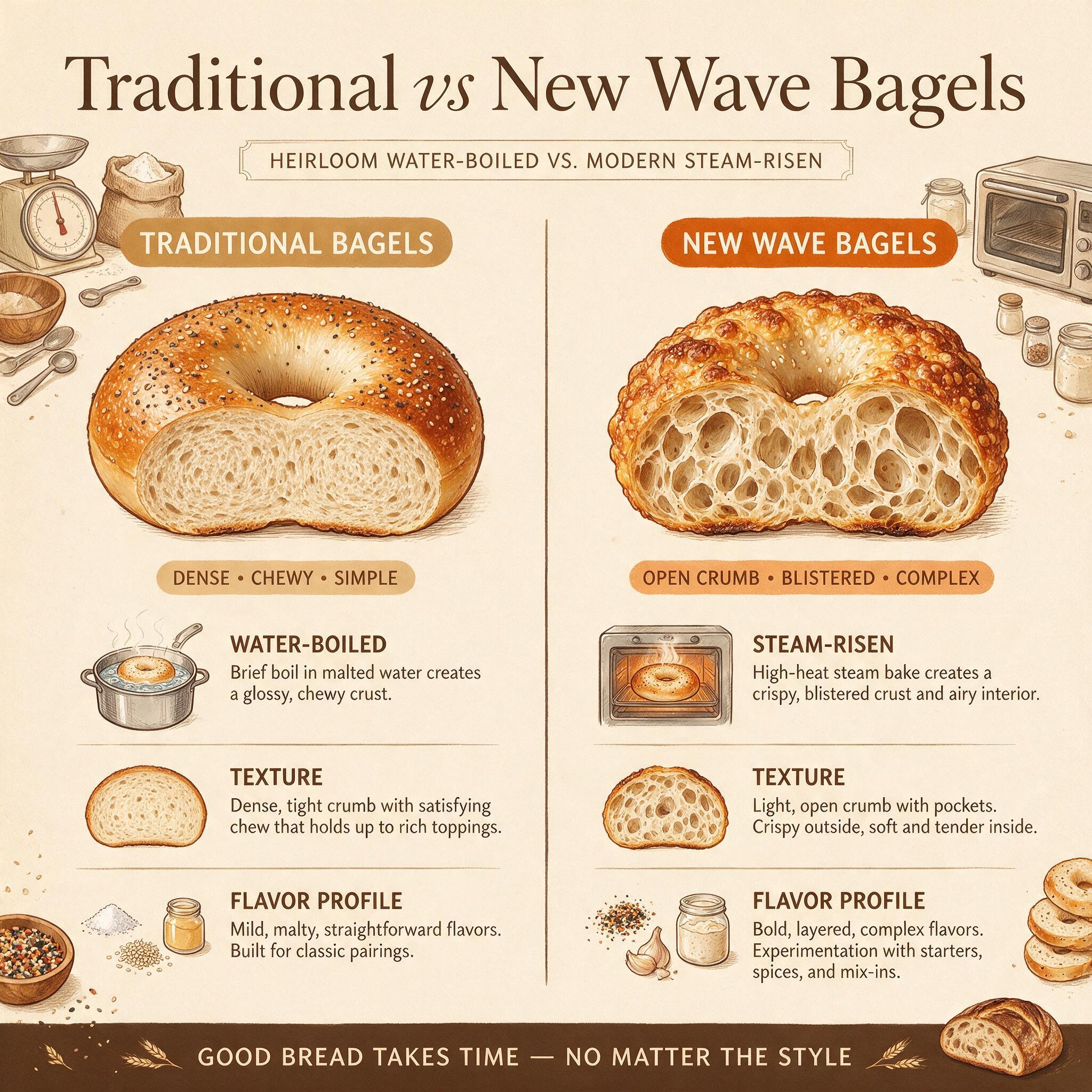 An infographic titled 'Traditional vs New Wave Bagels' showing a side-by-side comparison
