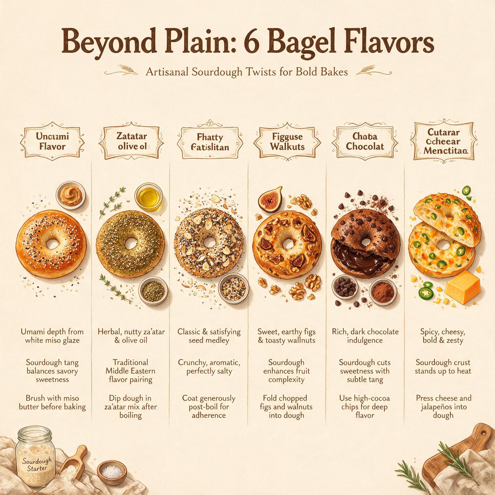 A techniques infographic titled 'Beyond Plain: 6 Bagel Flavors' showing 6 illustrated bagels with unique ingredients: mi