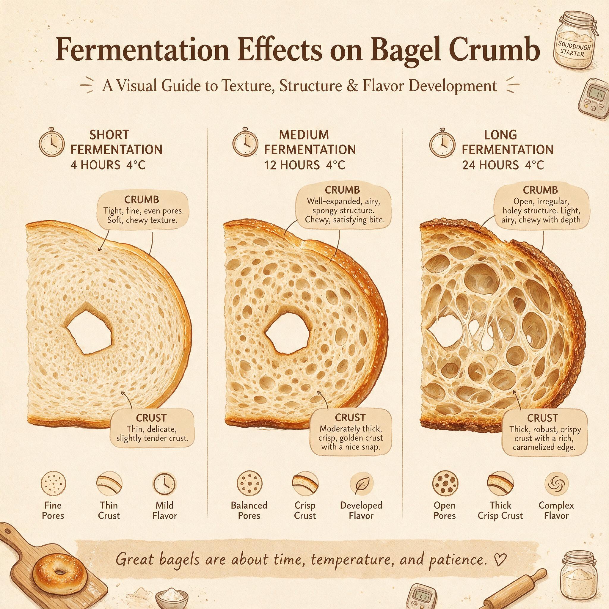 A chart infographic titled 'Fermentation Effects on Bagel Crumb' showing 3 timelines: short (4h), medium (12h), long (24