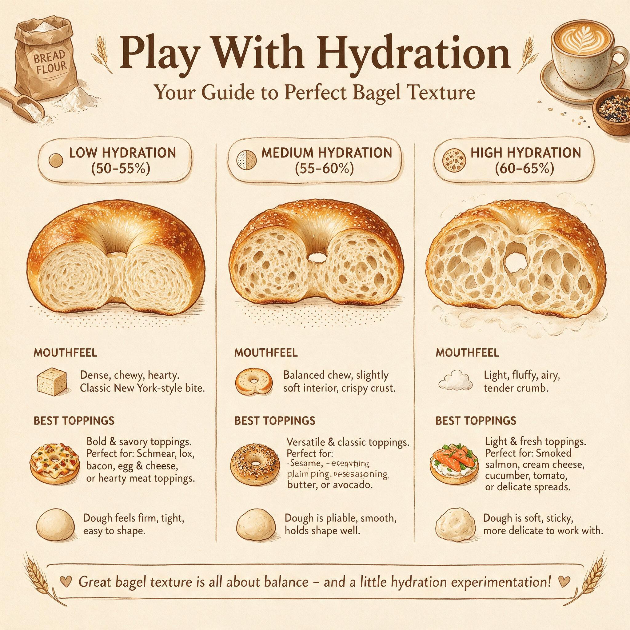 An infographic titled 'Play With Hydration' showing 3 bagels at different hydration levels
