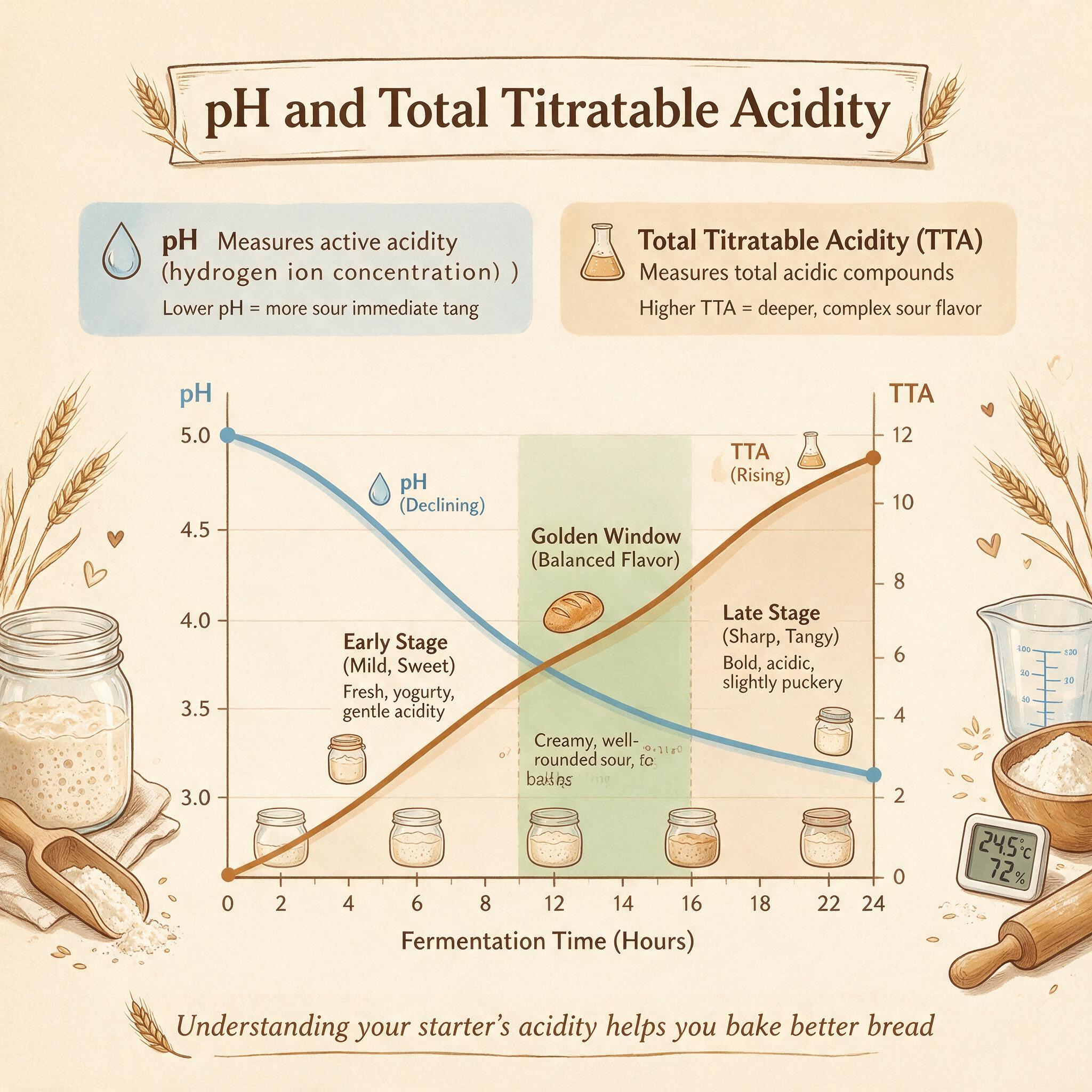 A chart infographic titled 'pH and Total Titratable Acidity' showing the difference between the two metrics