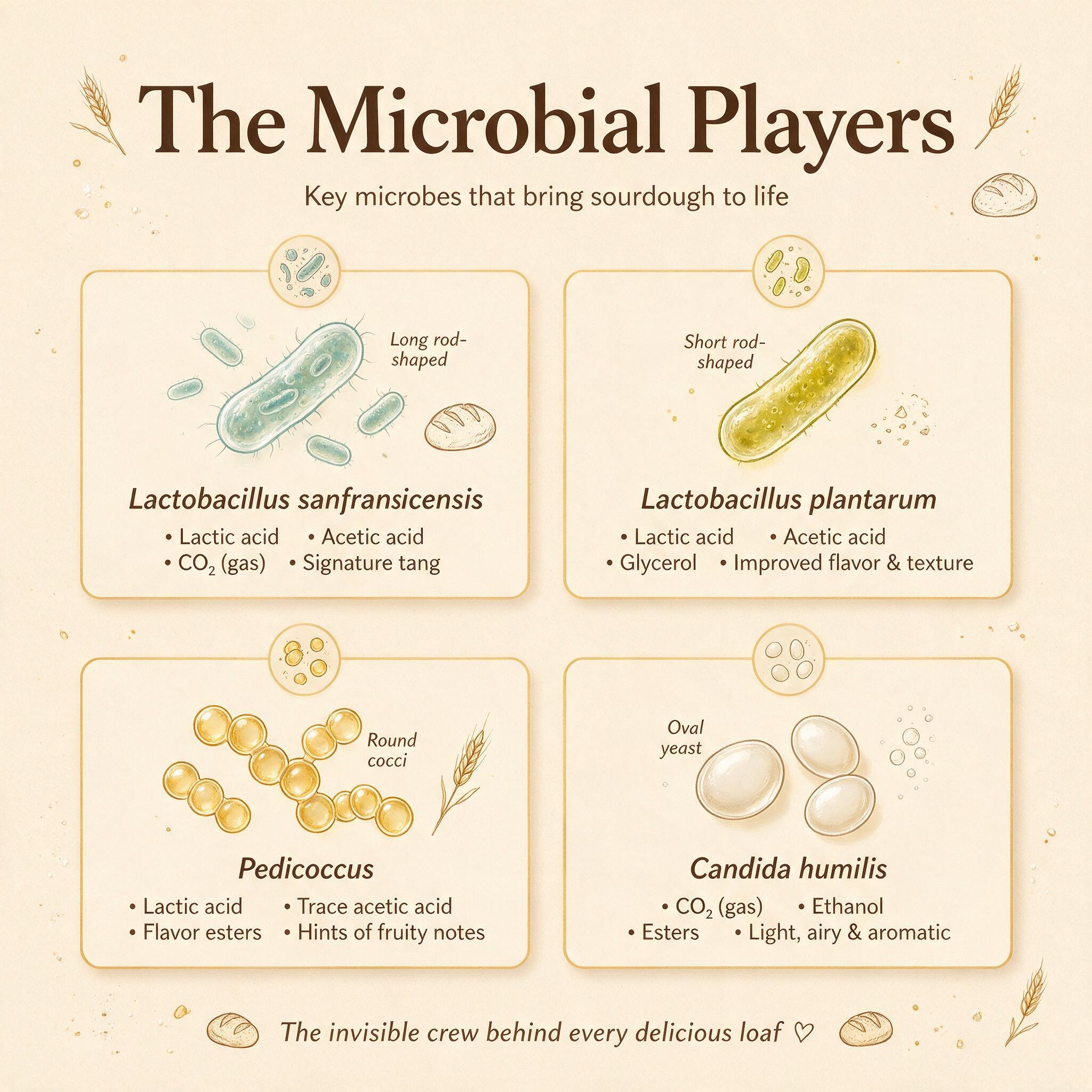 An infographic titled 'The Microbial Players' showing 4 illustrated microbes: Lactobacillus sanfranciscensis, Lactobacil