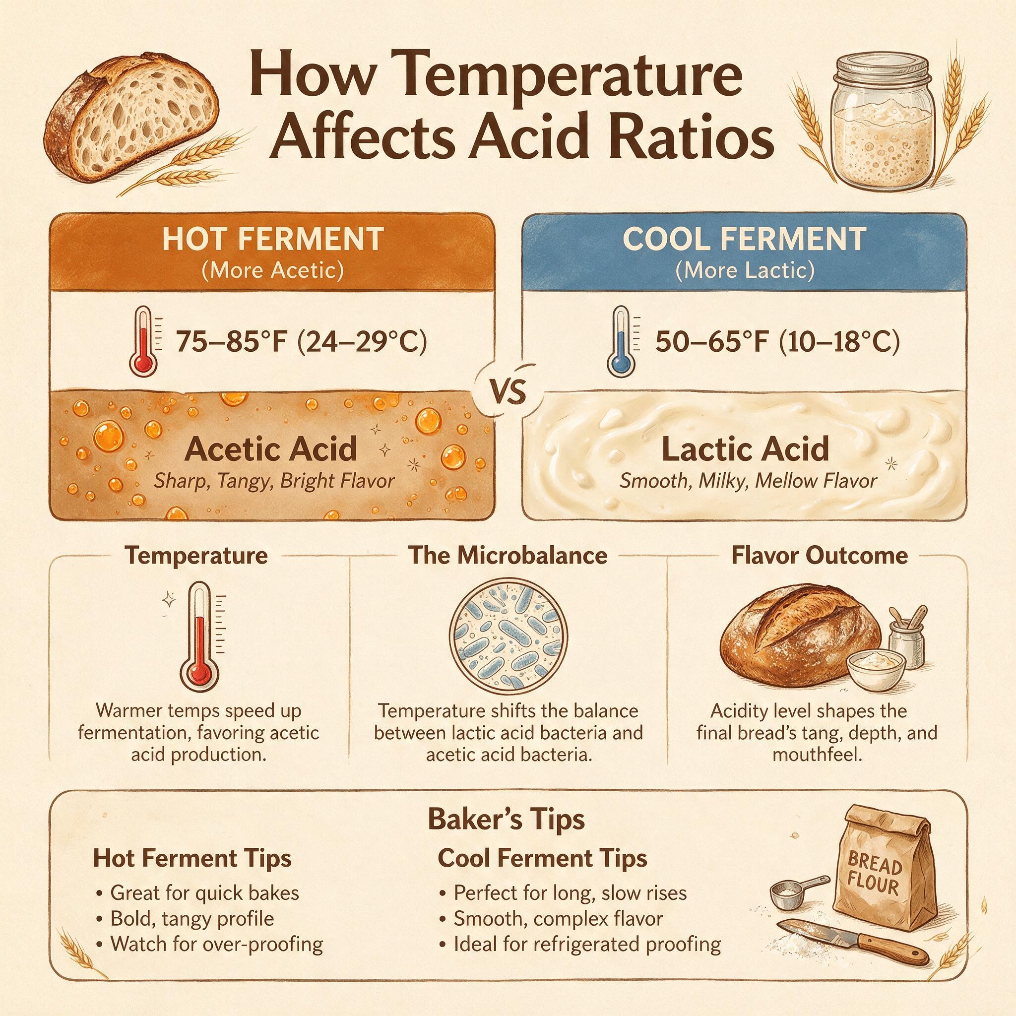 A temperature vs flavor chart titled 'How Temperature Affects Acid Ratios' showing hot ferment (more acetic) vs cool fer