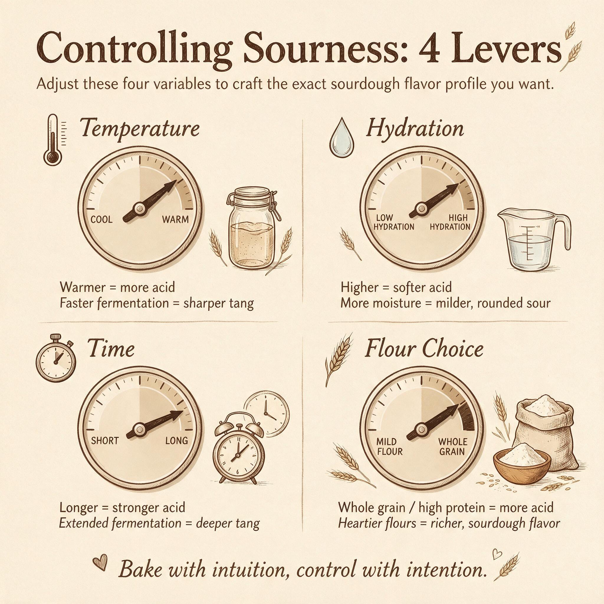 An infographic titled 'Controlling Sourness: 4 Levers' showing 4 labeled dials: temperature, hydration, time, flour choi