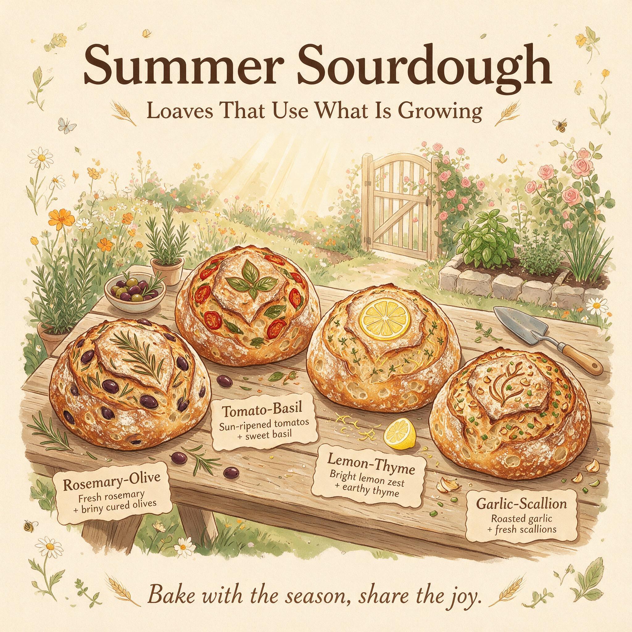 An infographic titled 'Summer Sourdough: Loaves That Use What Is Growing' showing 4 illustrated summer loaves arranged i
