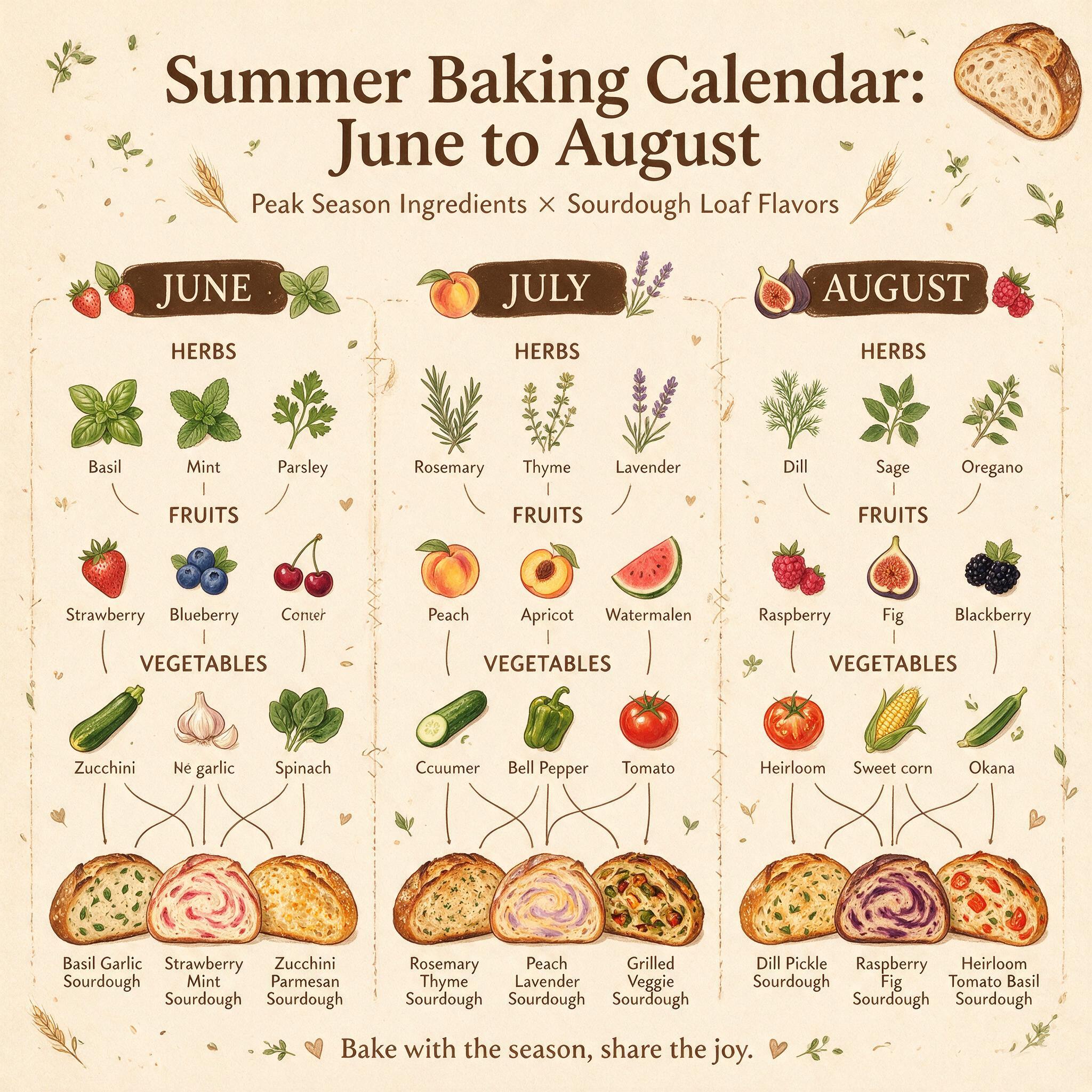A calendar infographic titled 'Summer Baking Calendar: June to August' showing herbs, fruits, and vegetables at peak eac