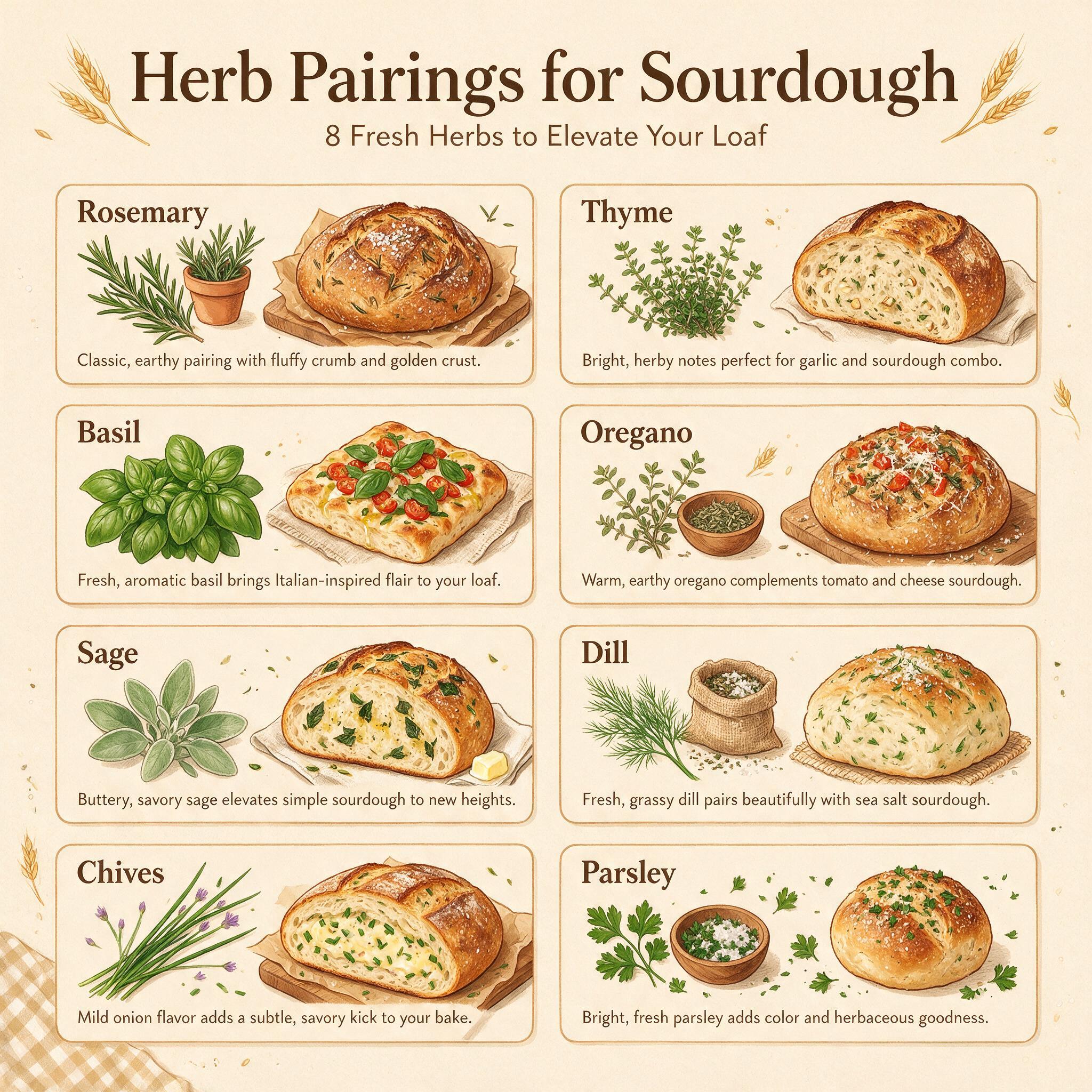 An infographic titled 'Herb Pairings for Sourdough' showing 8 herb illustrations arranged in a grid with recommended bre