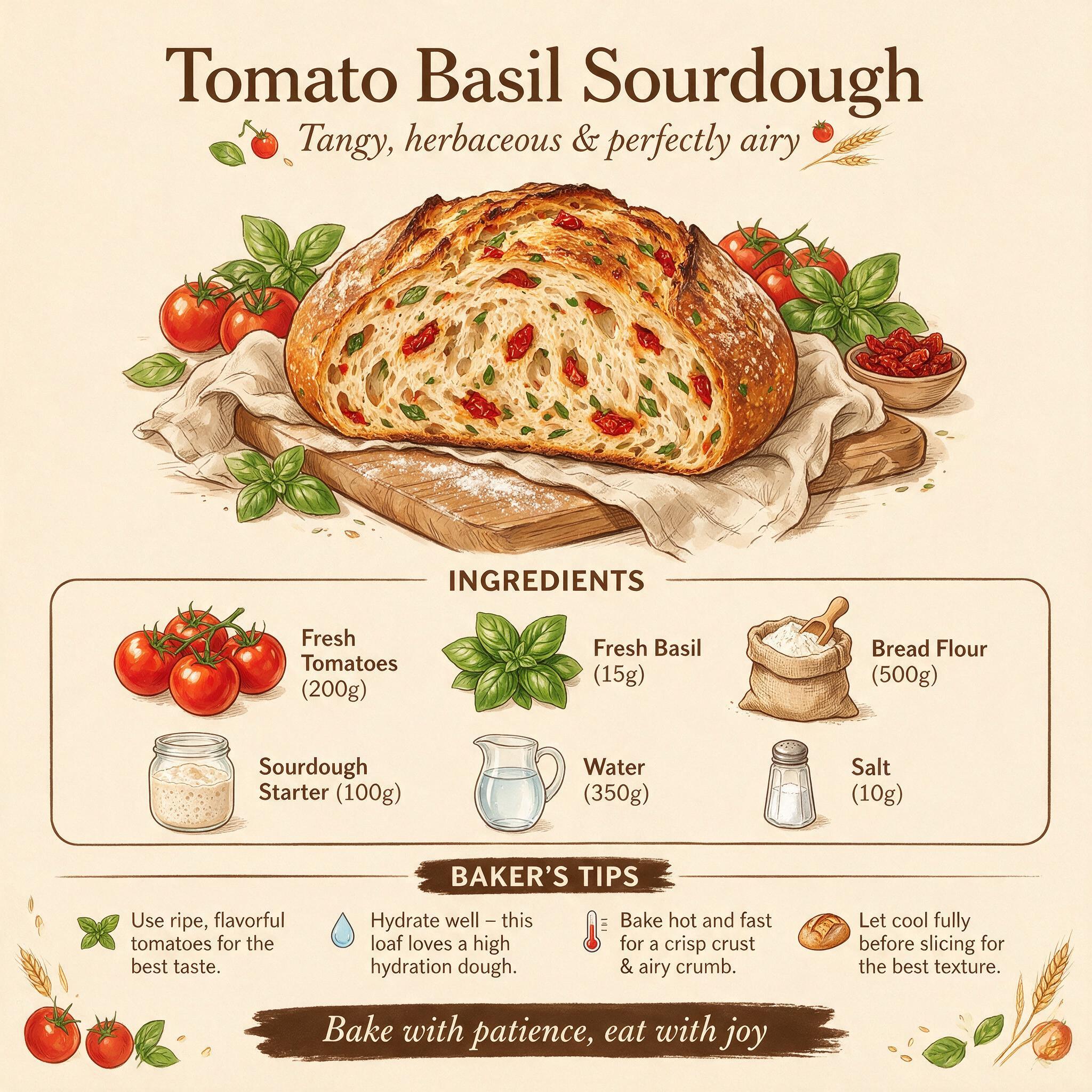 A recipe infographic titled 'Tomato Basil Sourdough' showing ingredient list with illustrated icons: fresh tomatoes, bas