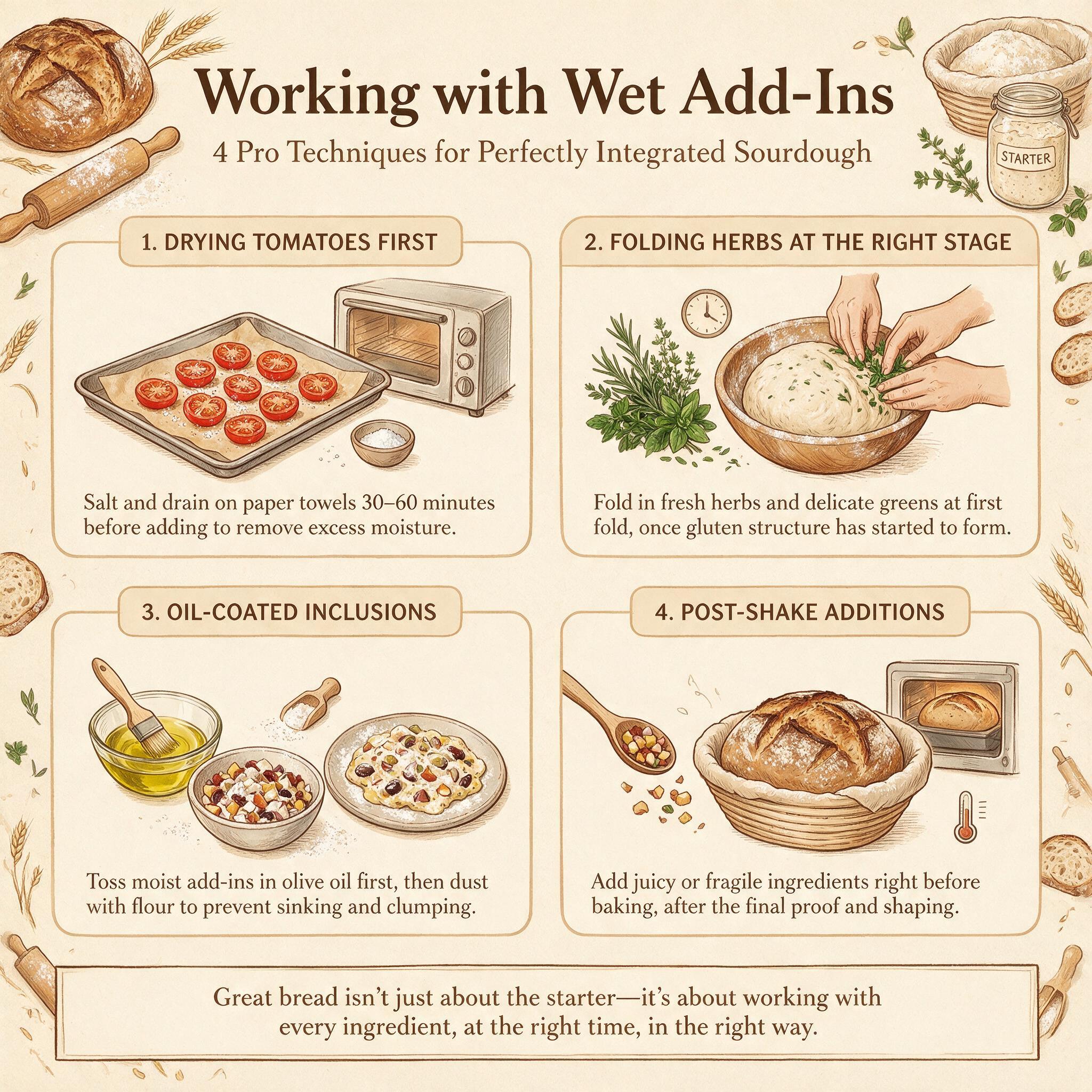 An infographic titled 'Working with Wet Add-Ins' showing 4 techniques: drying tomatoes first, folding herbs at right sta