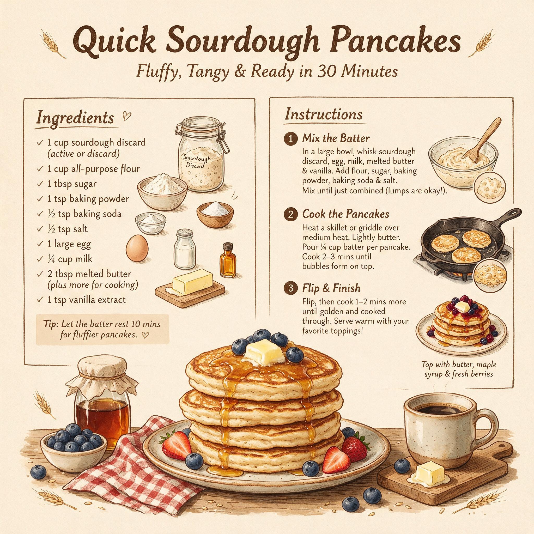 An infographic titled 'Quick Sourdough Pancakes' showing a recipe illustration with ingredients and 3 numbered steps
