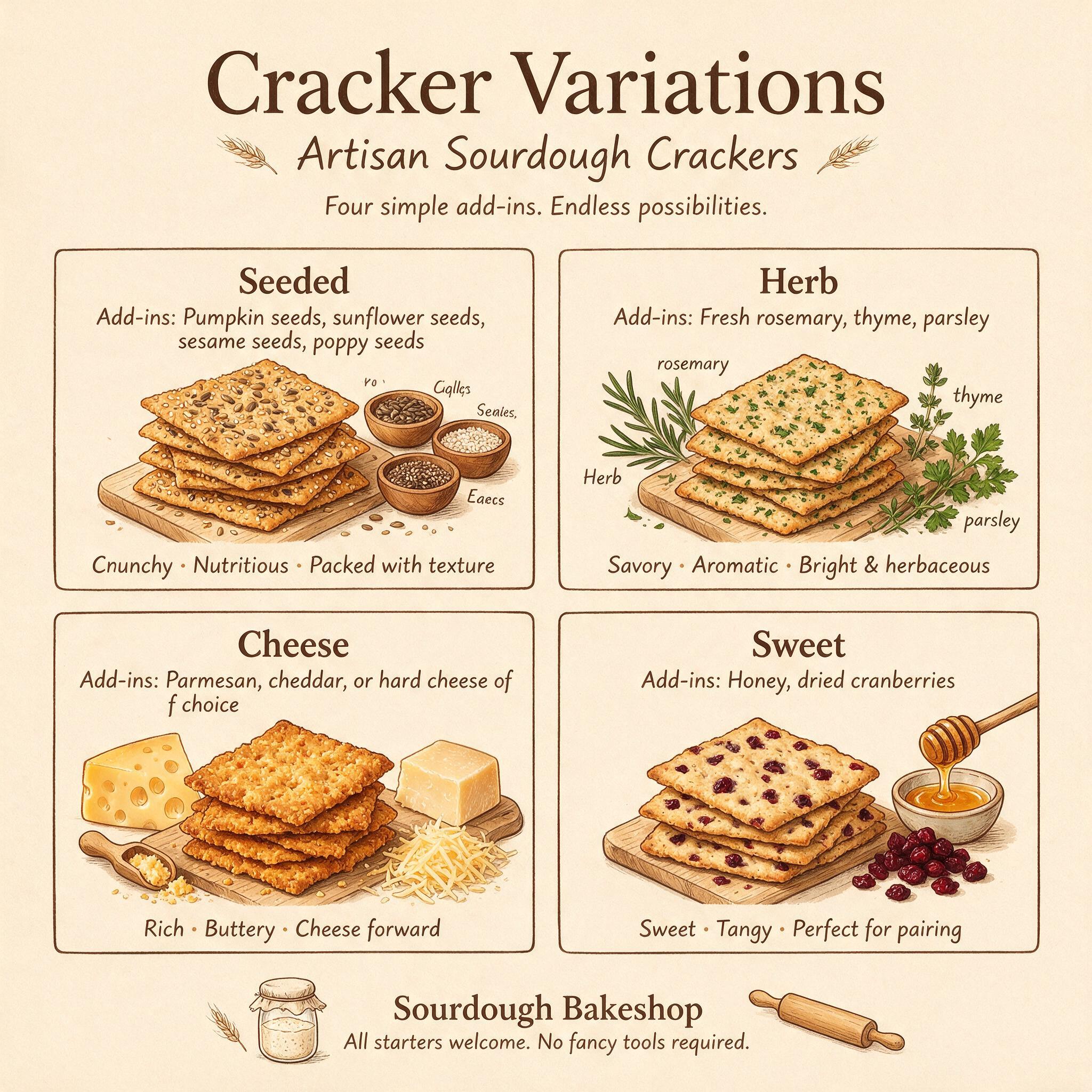 A grid infographic titled 'Cracker Variations' showing 4 cracker types: seeded, herb, cheese, sweet