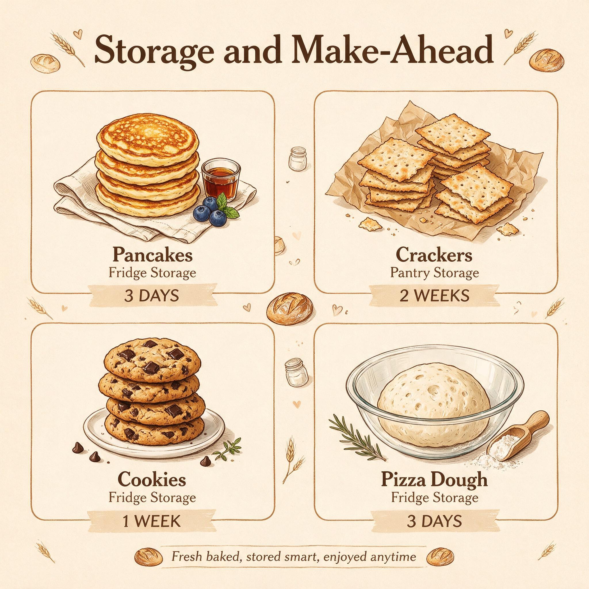 An infographic titled 'Storage and Make-Ahead' showing how long each item keeps: pancakes (3 days fridge), crackers (2 w