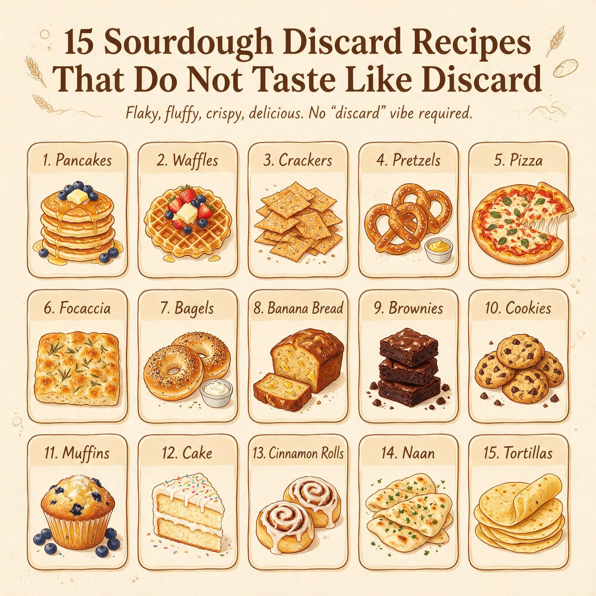 An infographic titled '15 Sourdough Discard Recipes That Do Not Taste Like Discard' showing 15 illustrated dishes in a g