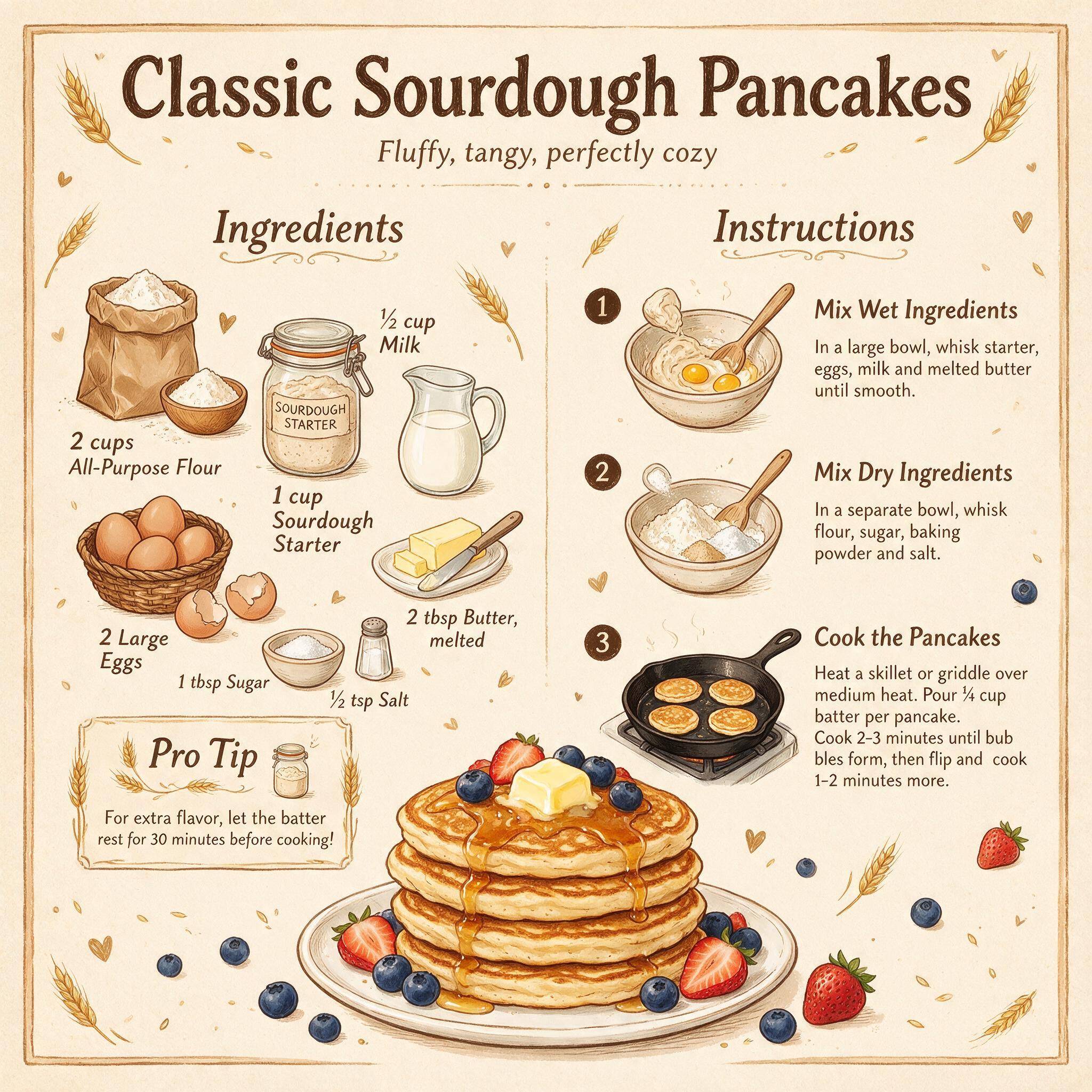 A recipe infographic titled 'Classic Sourdough Pancakes' showing ingredient illustrations: flour, starter, milk, eggs, b