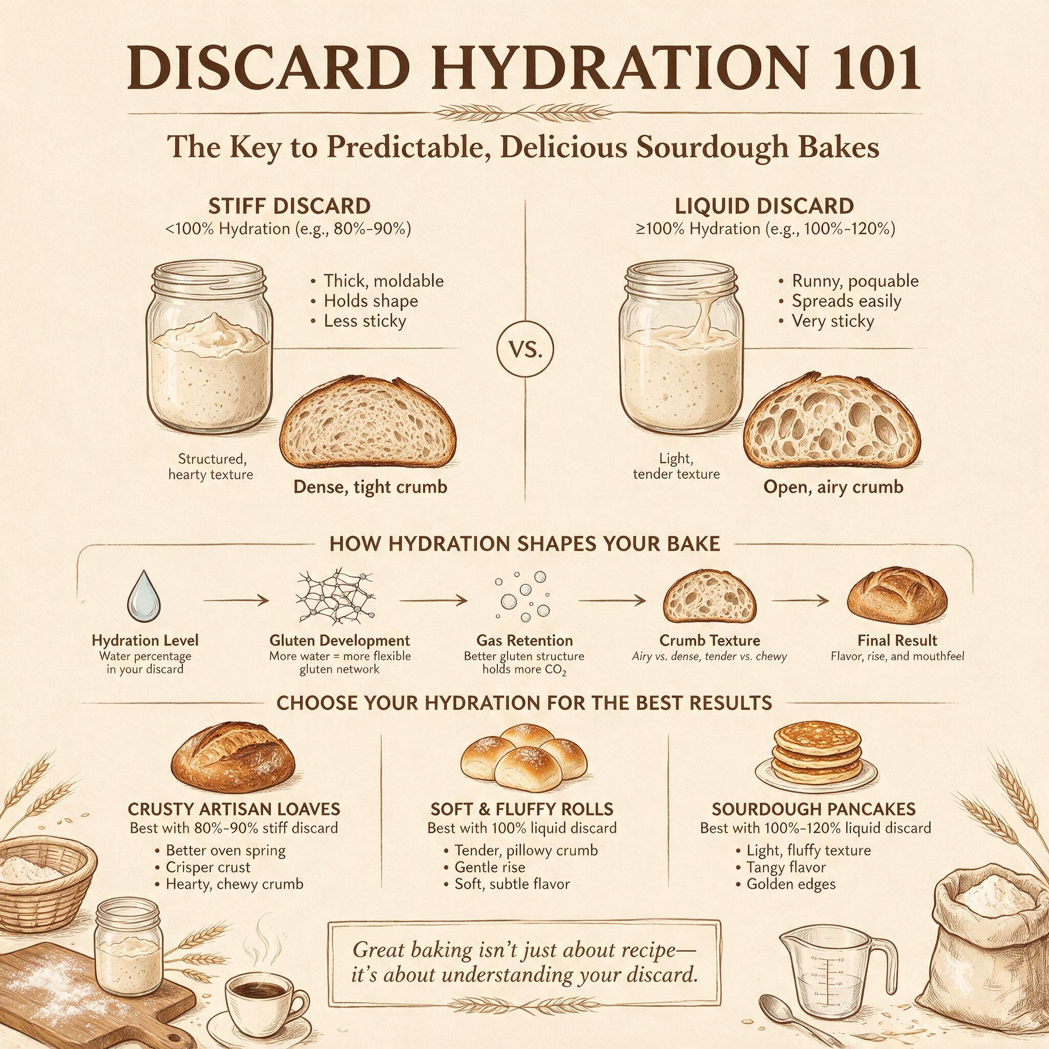 An infographic titled 'Discard Hydration 101' explaining how discard moisture affects recipes