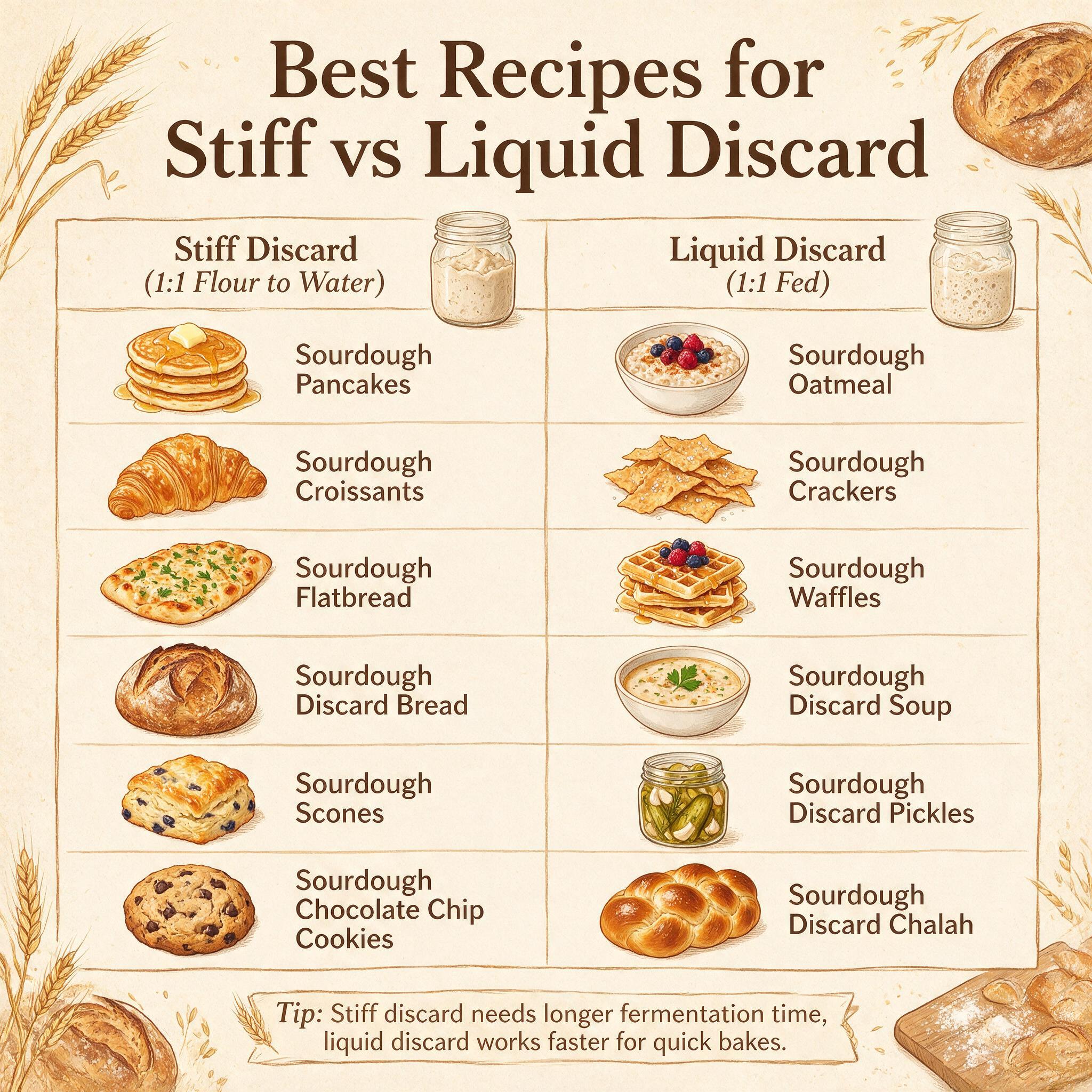 A chart infographic titled 'Best Recipes for Stiff vs Liquid Discard' with two columns