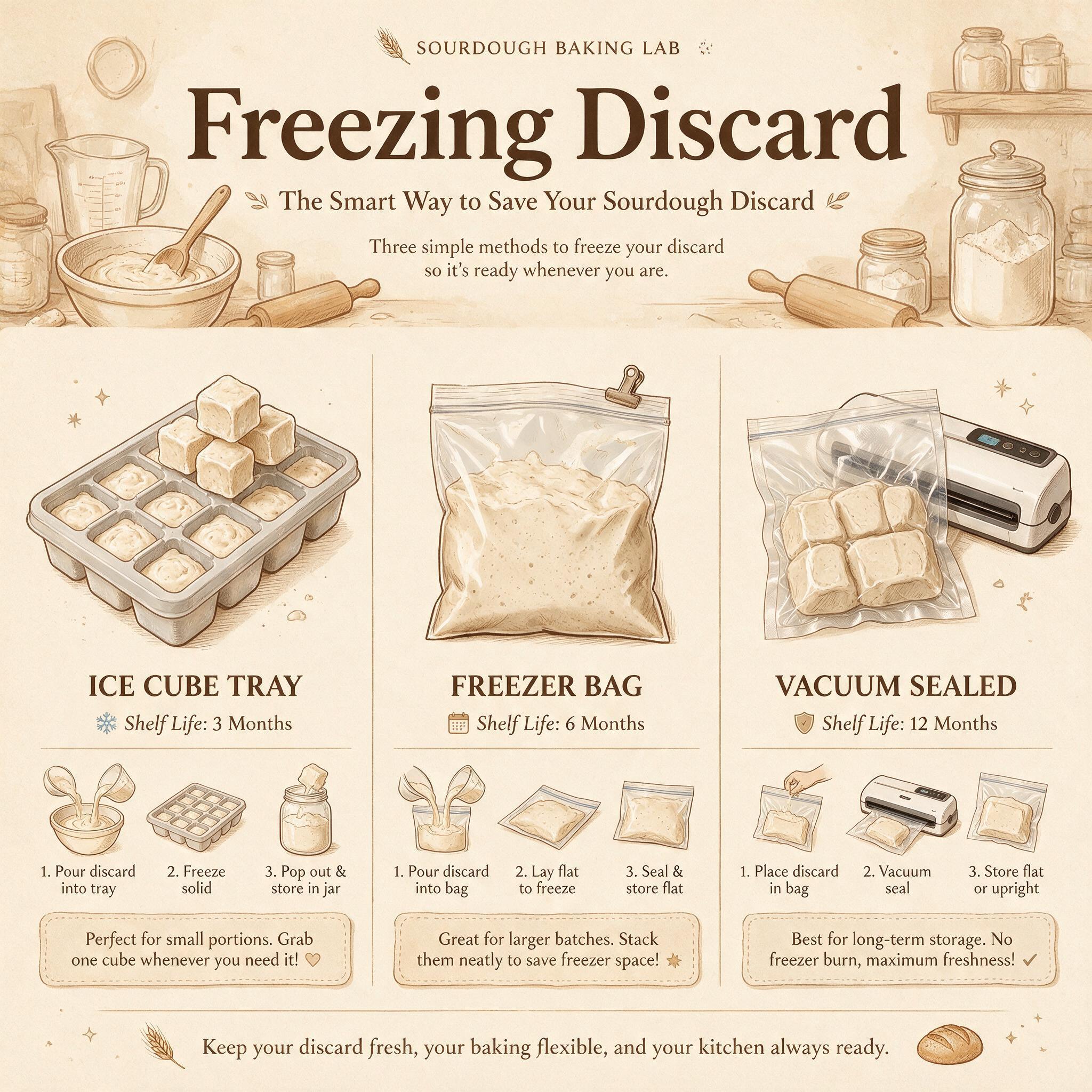 An infographic titled 'Freezing Discard' showing 3 storage methods: ice cube tray, freezer bag, vacuum sealed