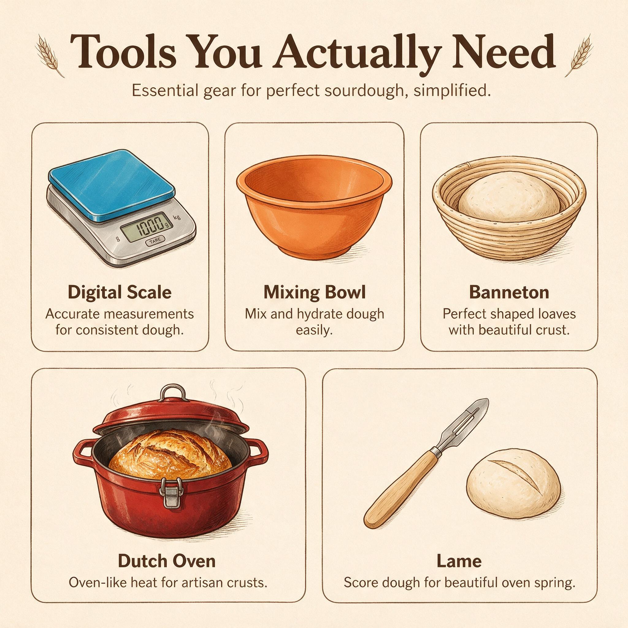 An infographic titled 'Tools You Actually Need' showing 5 illustrated icons in a clean grid: digital scale, mixing bowl,