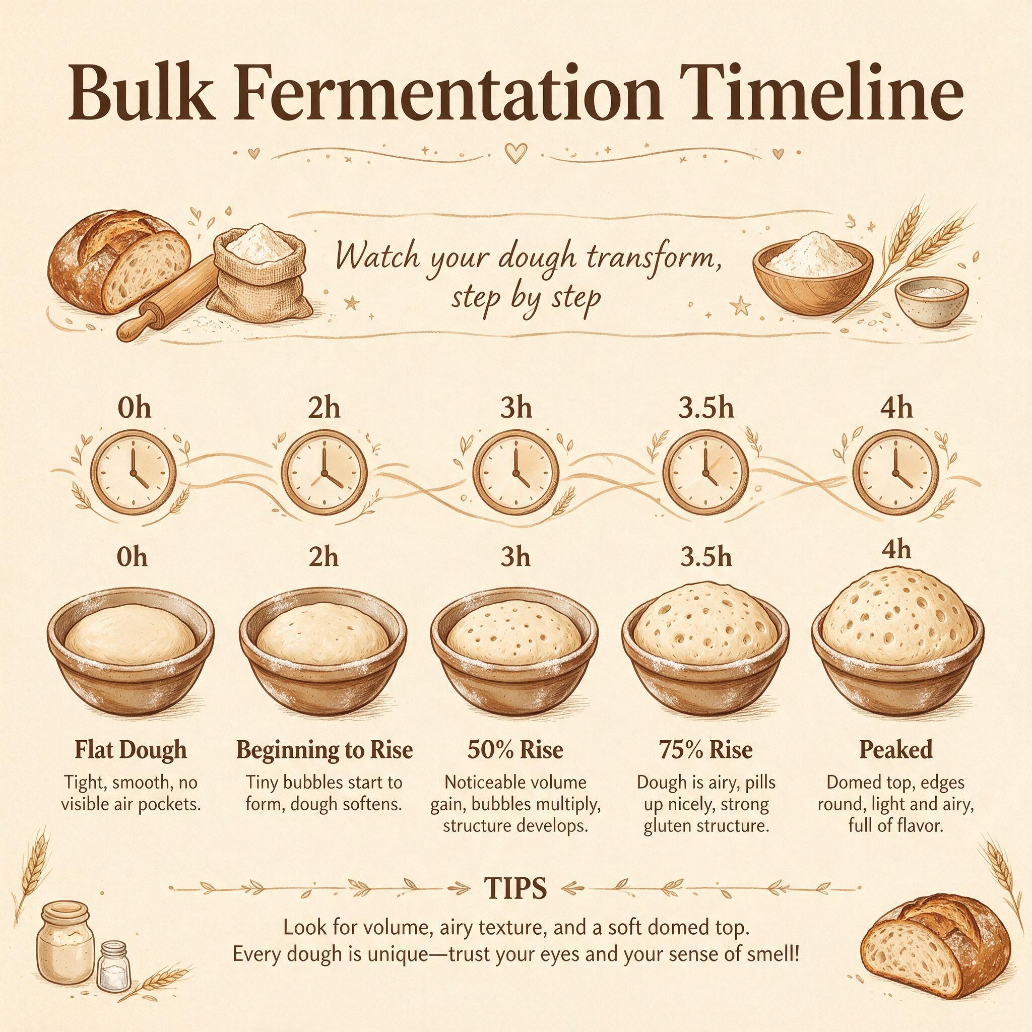 A vertical infographic titled 'Bulk Fermentation Timeline' showing a 4-hour timeline with clock positions at 0h, 2h, 3h,