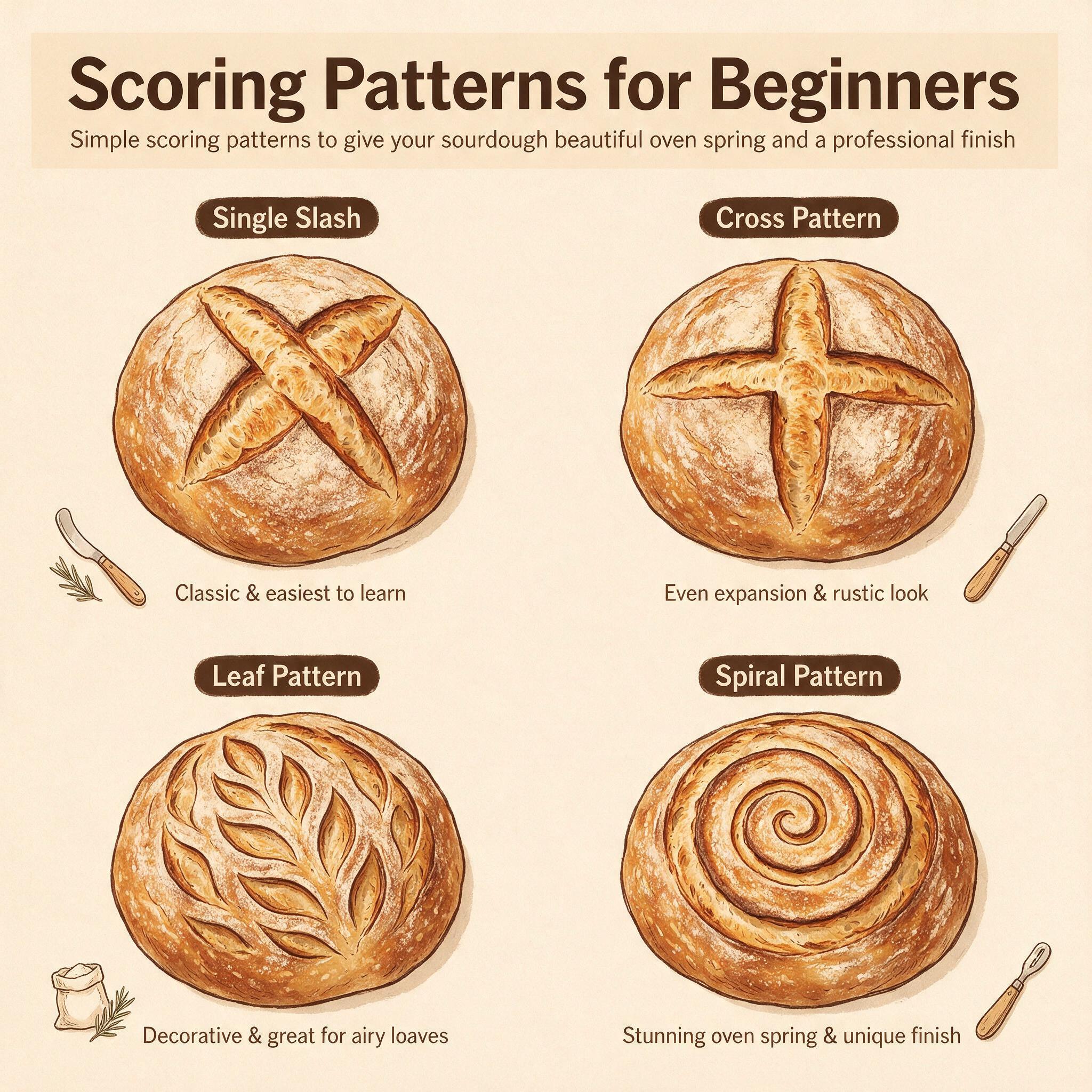 An infographic titled 'Scoring Patterns for Beginners' showing 4 simple scoring patterns on top-down loaf views: single 