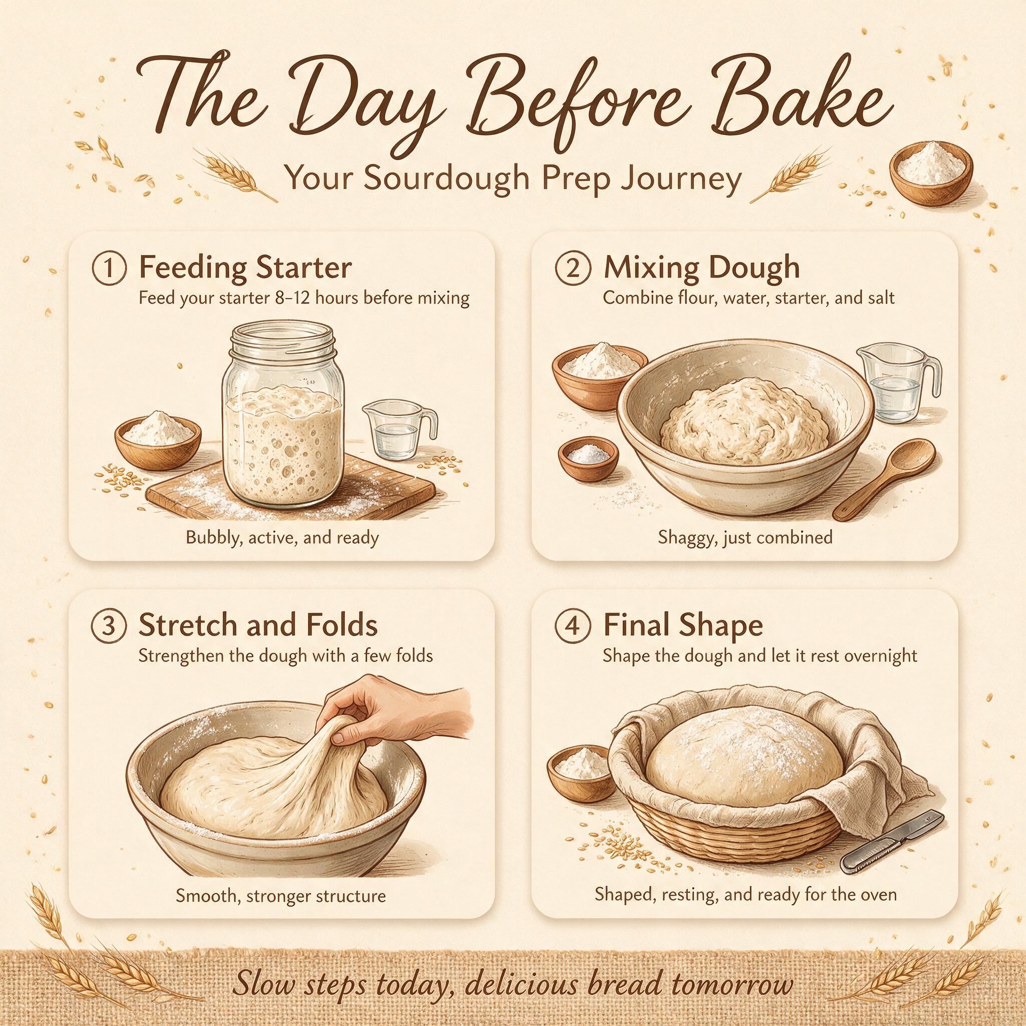 Step-by-step infographic titled 'The Day Before Bake' with 4 illustrated stages: feeding starter, mixing dough, stretch 