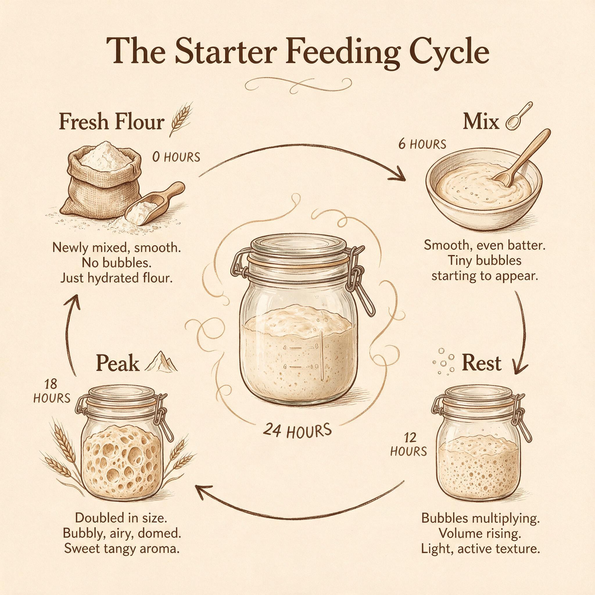 A circular infographic titled 'The Starter Feeding Cycle' showing a 4-stage loop: fresh flour, mix, rest, peak