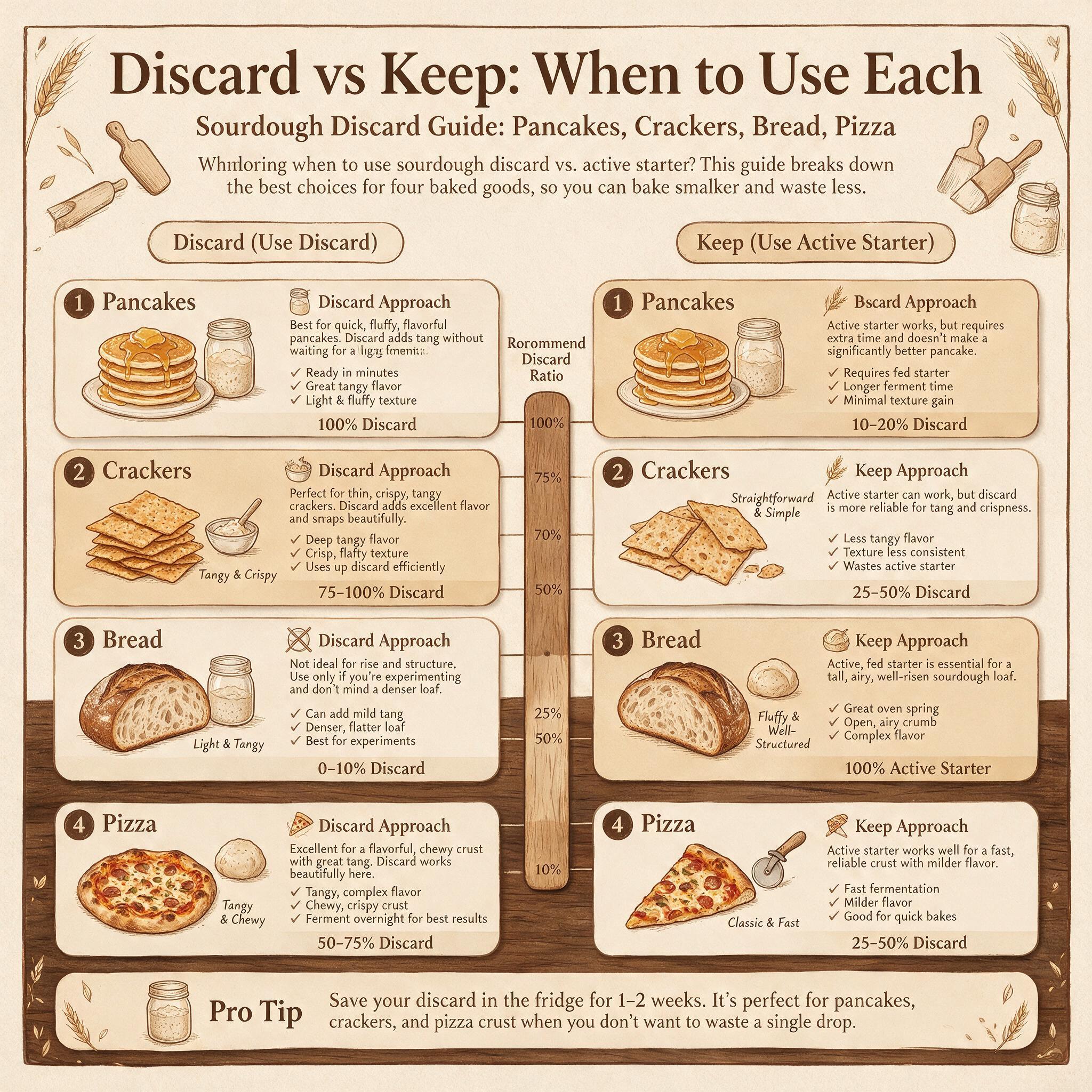 A chart infographic titled 'Discard vs Keep: When to Use Each' comparing 4 scenarios: pancakes, crackers, bread, pizza
