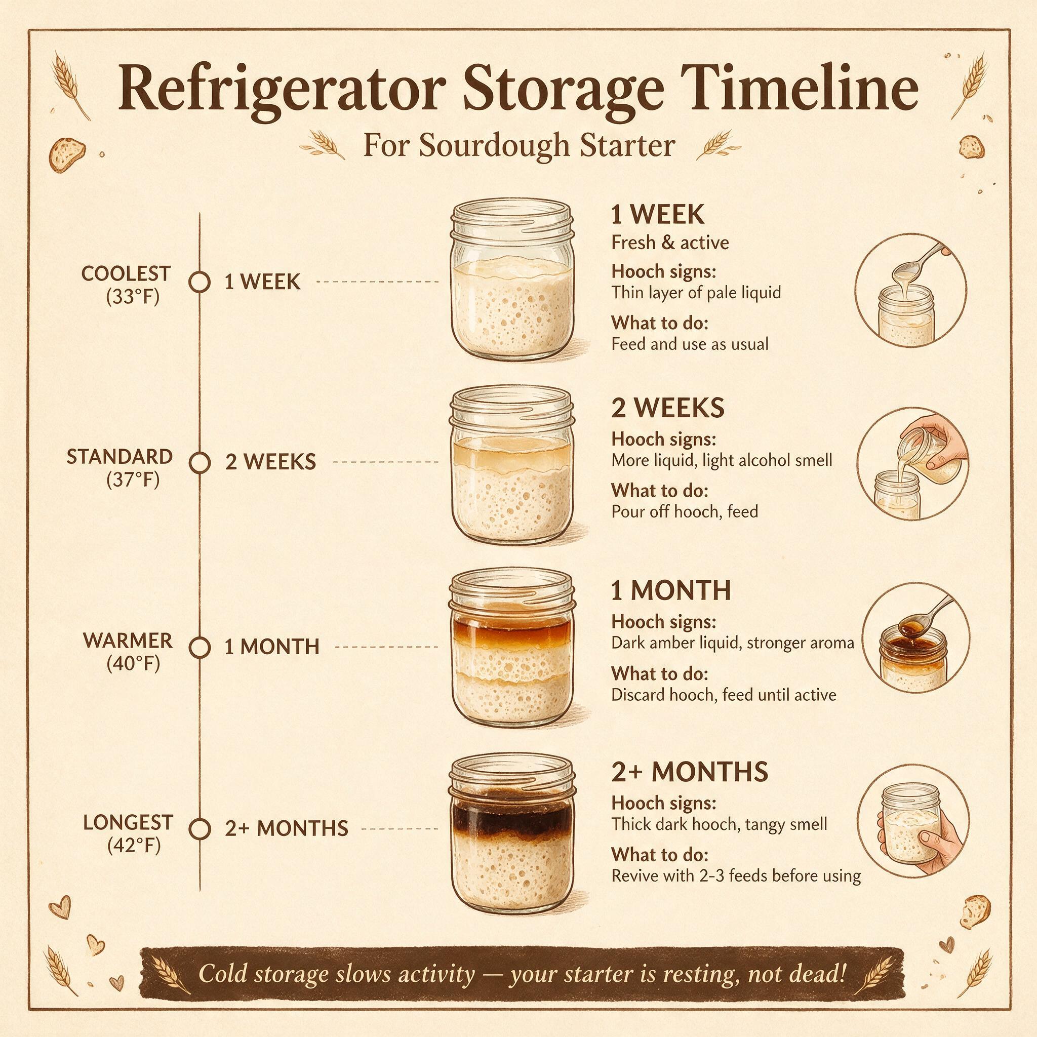 An infographic titled 'Refrigerator Storage Timeline' showing how long starter lasts at each fridge setting: 1 week, 2 w