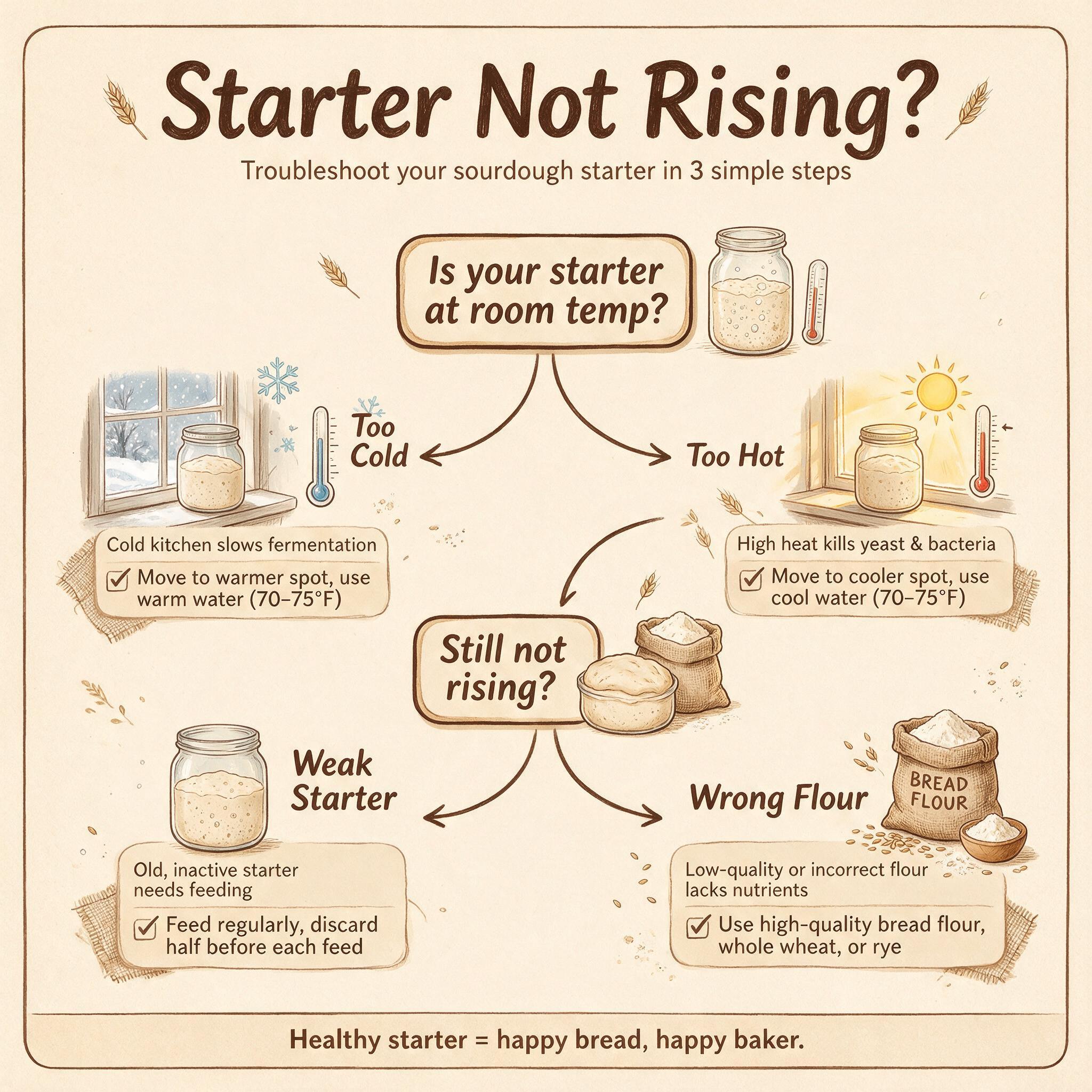 A troubleshooting flowchart infographic titled 'Starter Not Rising?' with branching paths: too cold, too hot, weak start