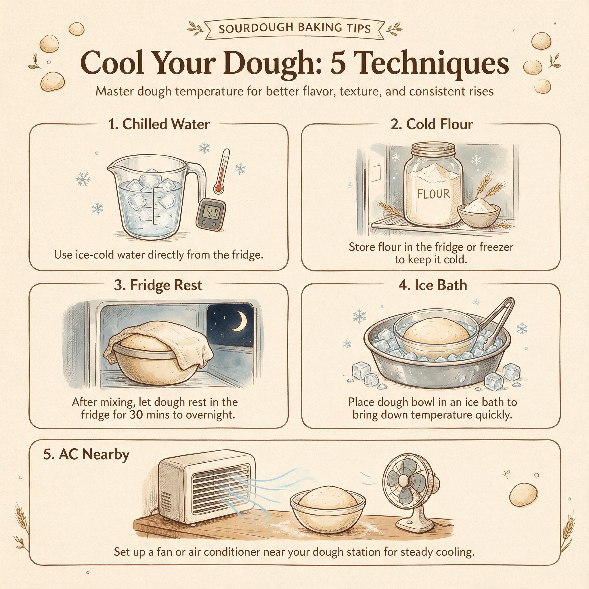 A temperature-management infographic titled 'Cool Your Dough: 5 Techniques' showing 5 illustrated panels: chilled water,